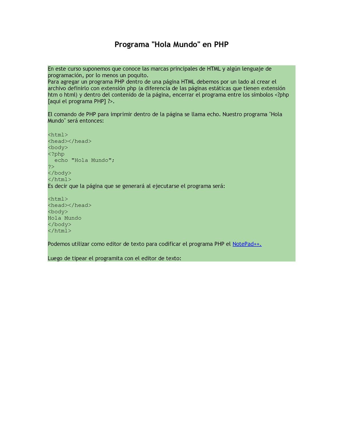 Manual php - Programa "Hola Mundo" en PHP En este curso suponemos  que conoce las marcas - Studocu