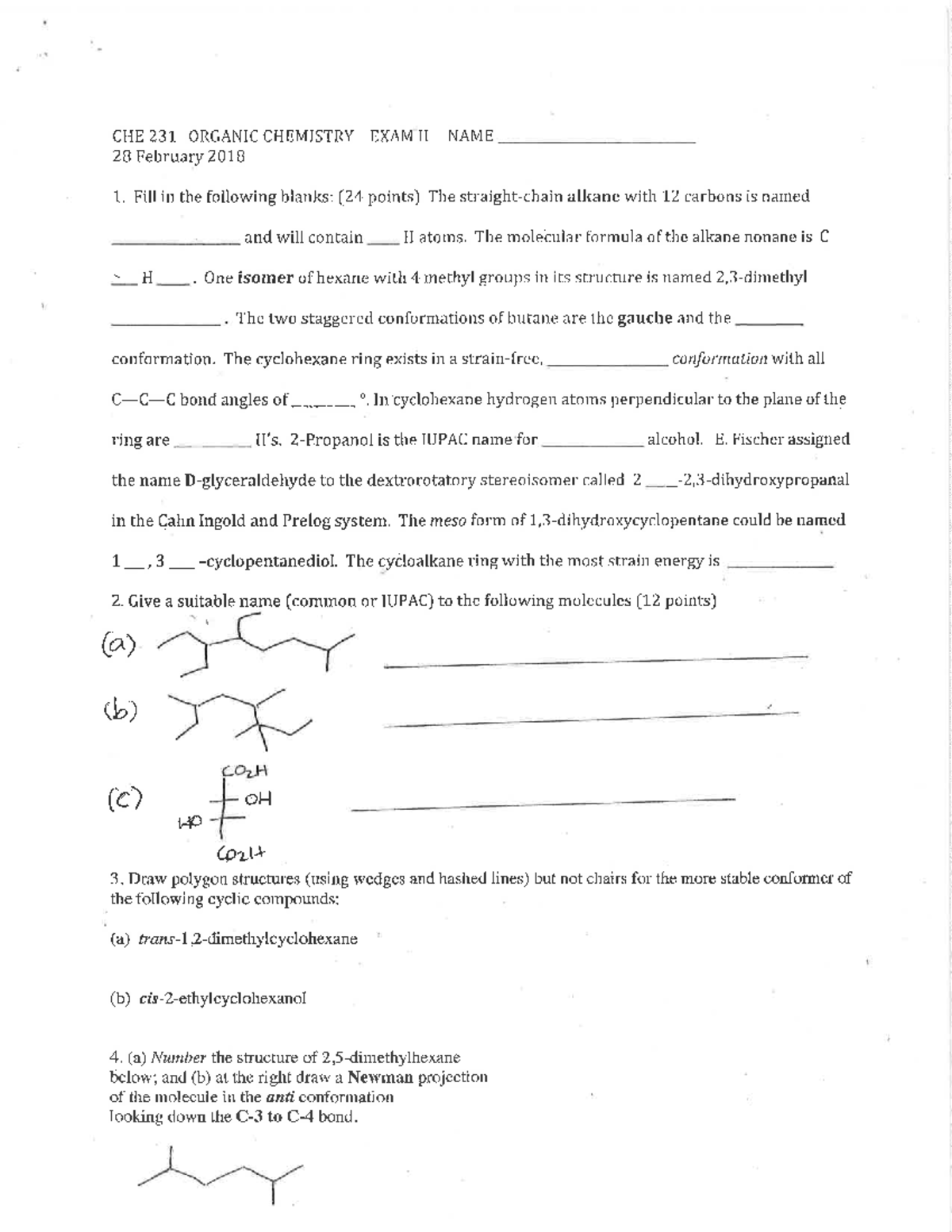 2018 Exam II 231 Spring - Study Material - CHE 231 ORGANIC CHEMISTRY ...