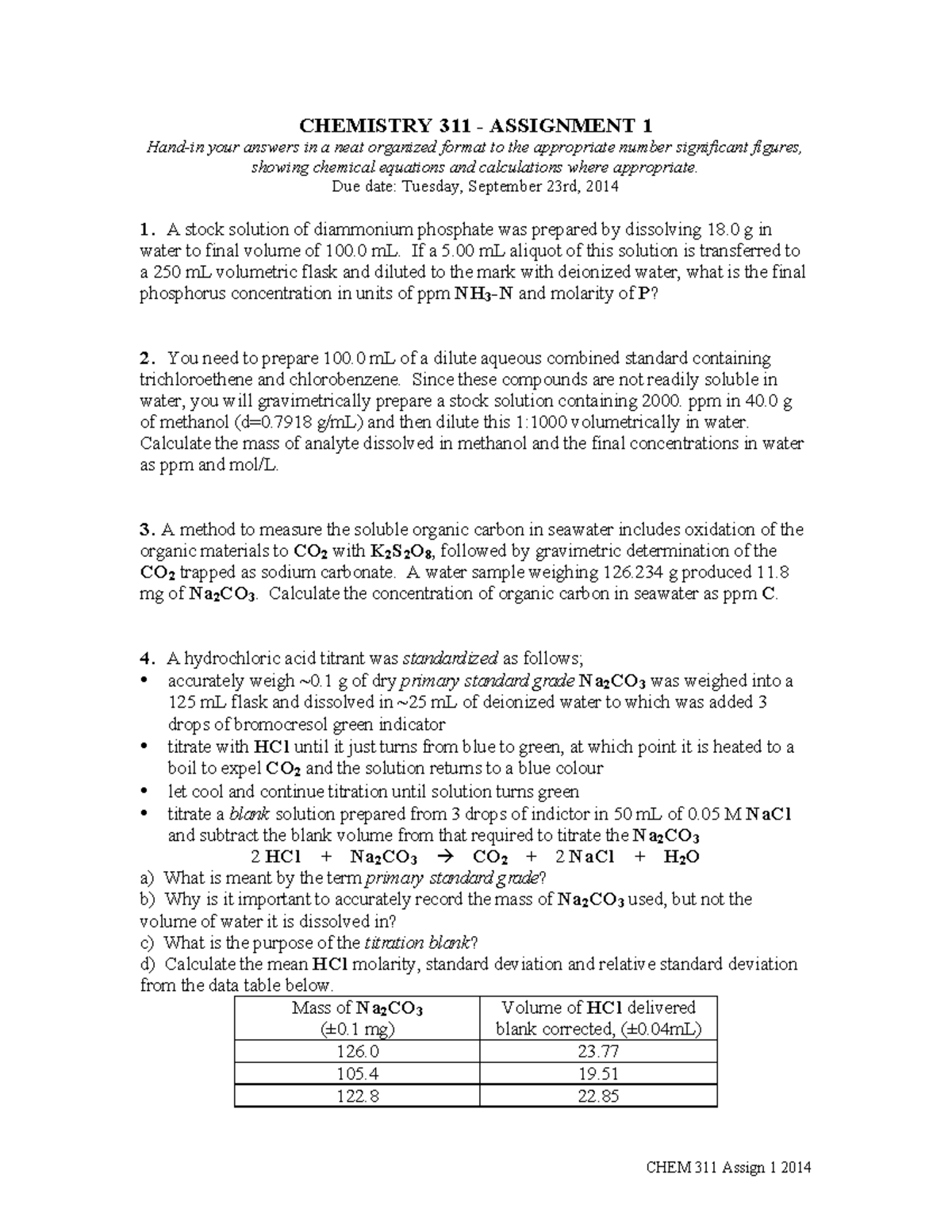 Assign 1 2014 - CHEM 311 Assign 1 2014 CHEMISTRY 311 - ASSIGNMENT 1 ...