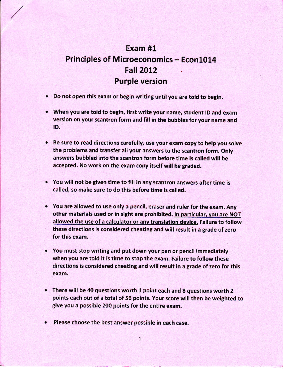 Econ 1014 principles of microecon exam 1 purple version - Exam ...