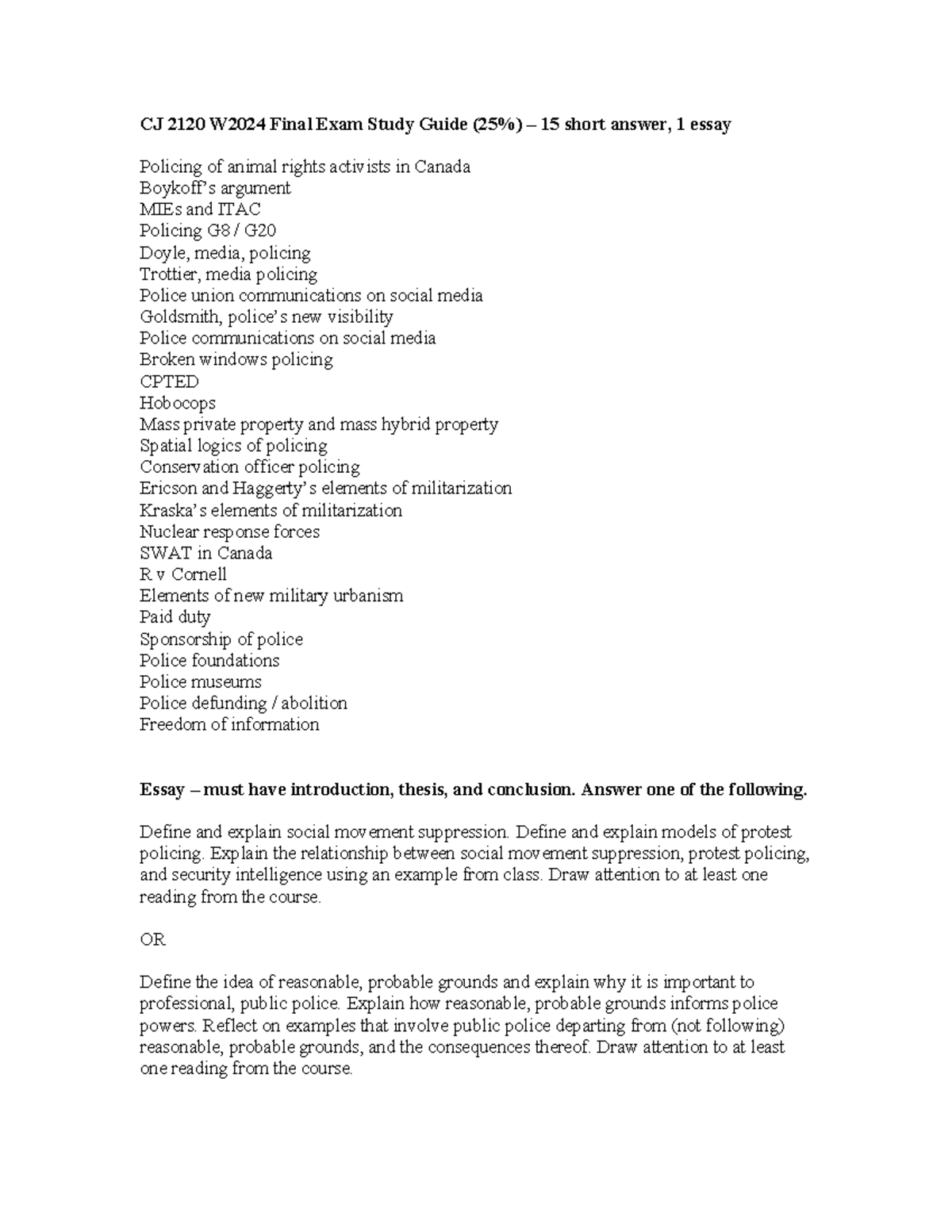24 study guide Final Exam Policing copy - CJ 2120 W2024 Final Exam ...