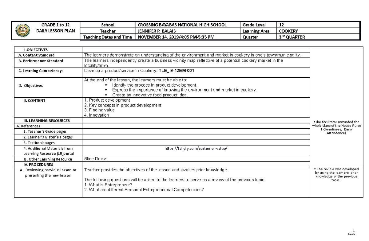 DLP-1 - GRADE 1 to 12 DAILY LESSON PLAN School CROSSING BAYABAS ...