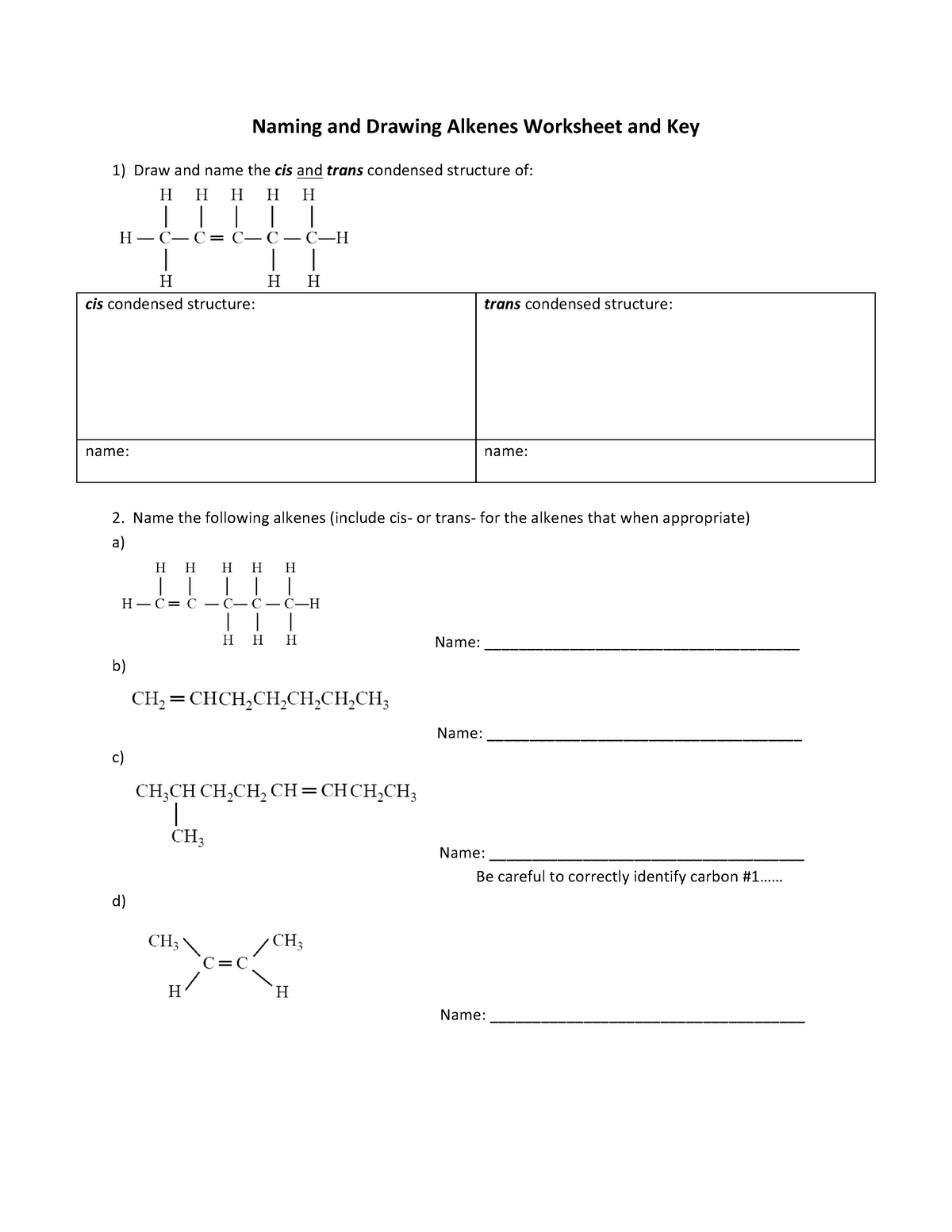 Namingand Drawing Alkenes - Naming And Drawing Alkenes Worksheet And 