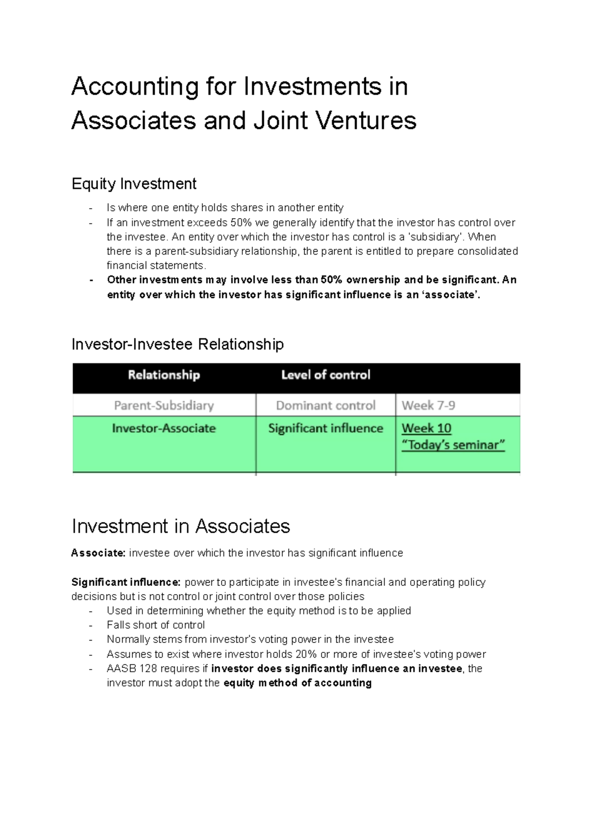 Week 10 Lecture - Week 10 notes - Accounting for Investments in ...