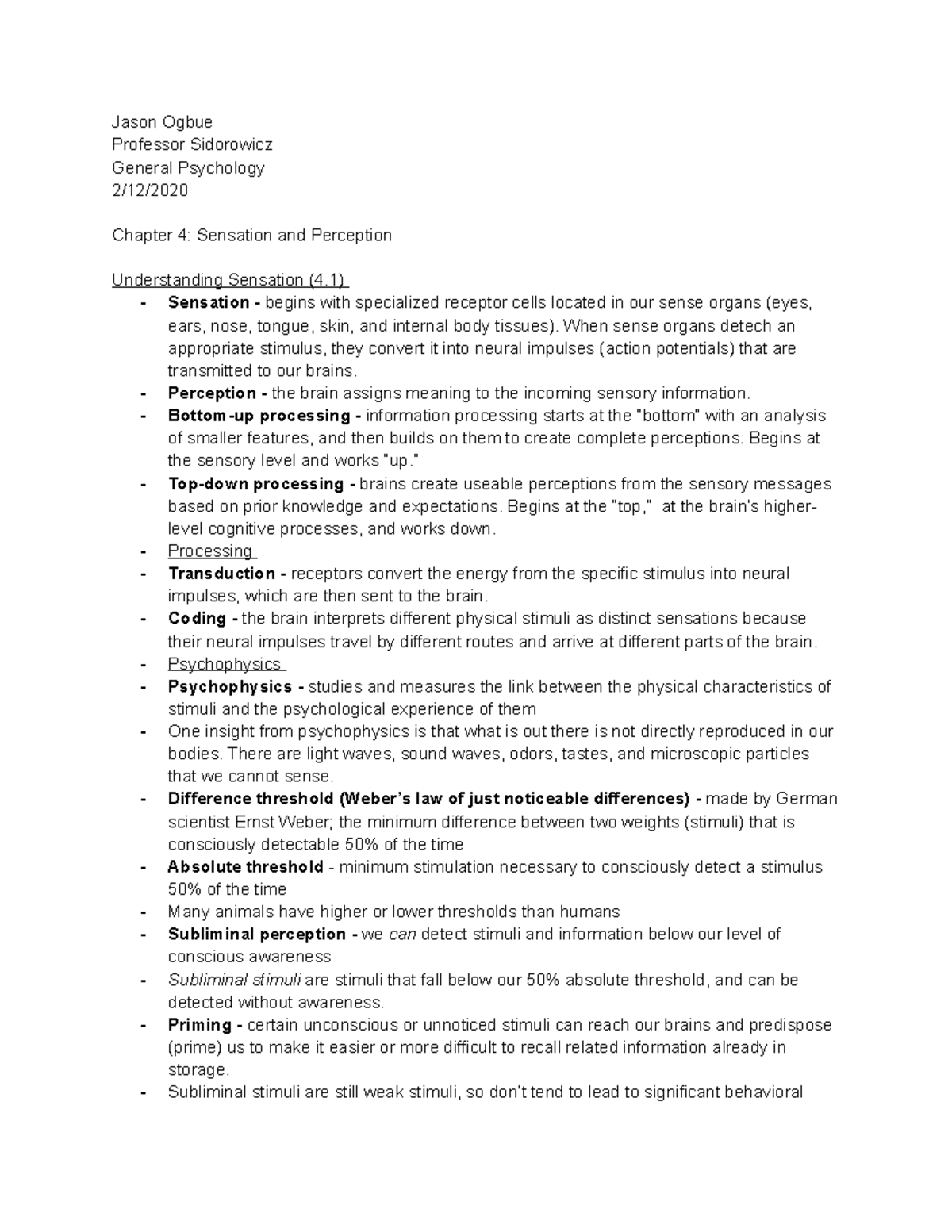 PSY 203 Chapter 4 - Notes on Sensation and Perception - Jason Ogbue ...