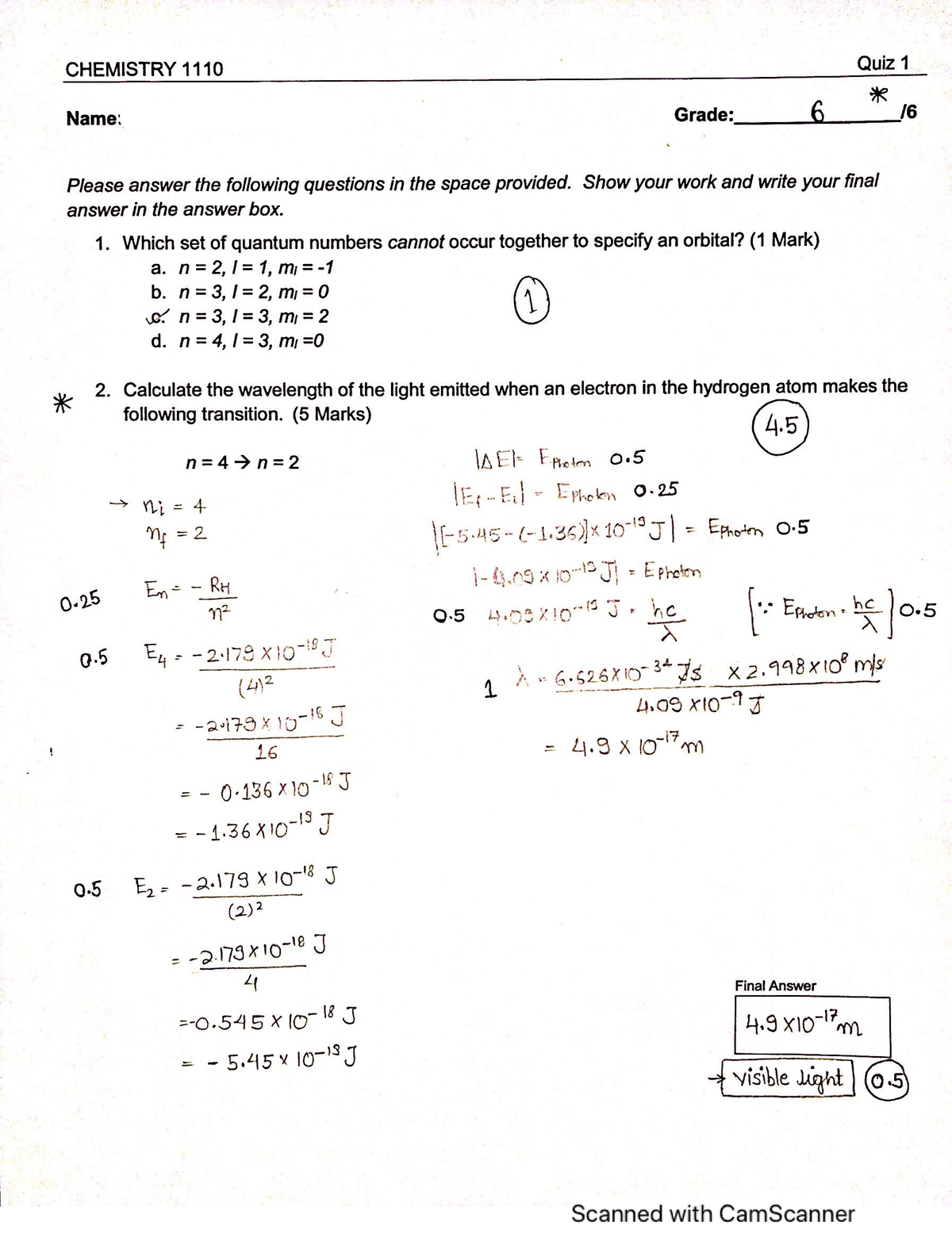 Chem 1110- Quiz 1 - Some Important Questions From Chem 1110 - Chem 1110 