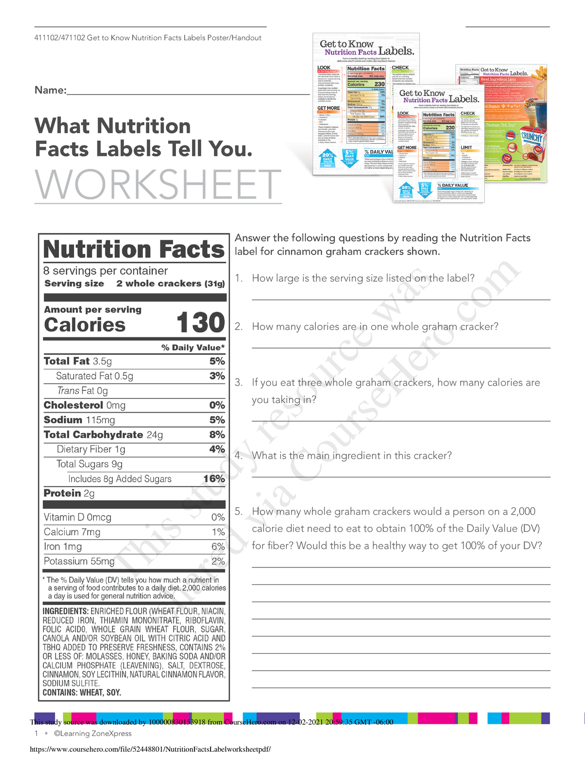 Nutrition Facts Labelworksheet 1 Learning ZoneXpress What Nutrition Facts Labels Tell You 