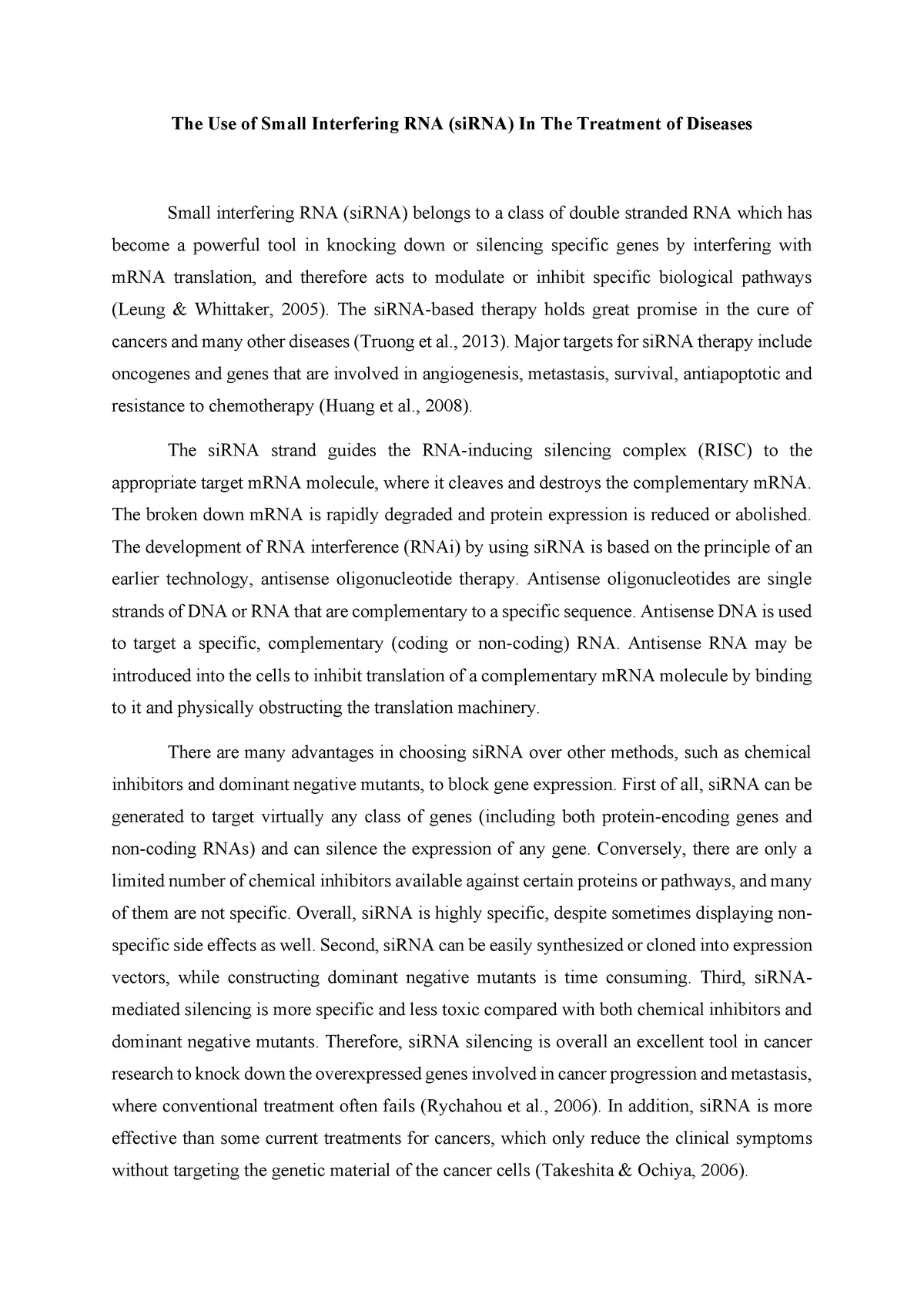 The Use Of Small Interfering Rna (sirna) In The Treatment Of Diseases 