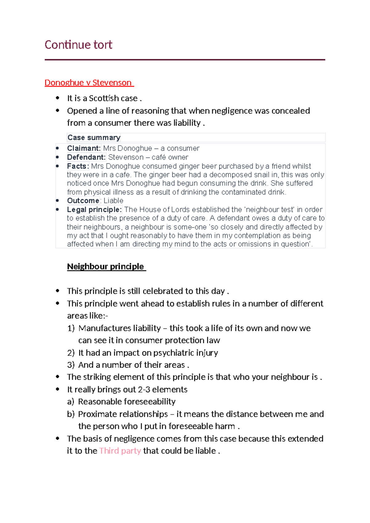 Introduction to tort law (notes) - Continue tort Donoghue v Stevenson ...