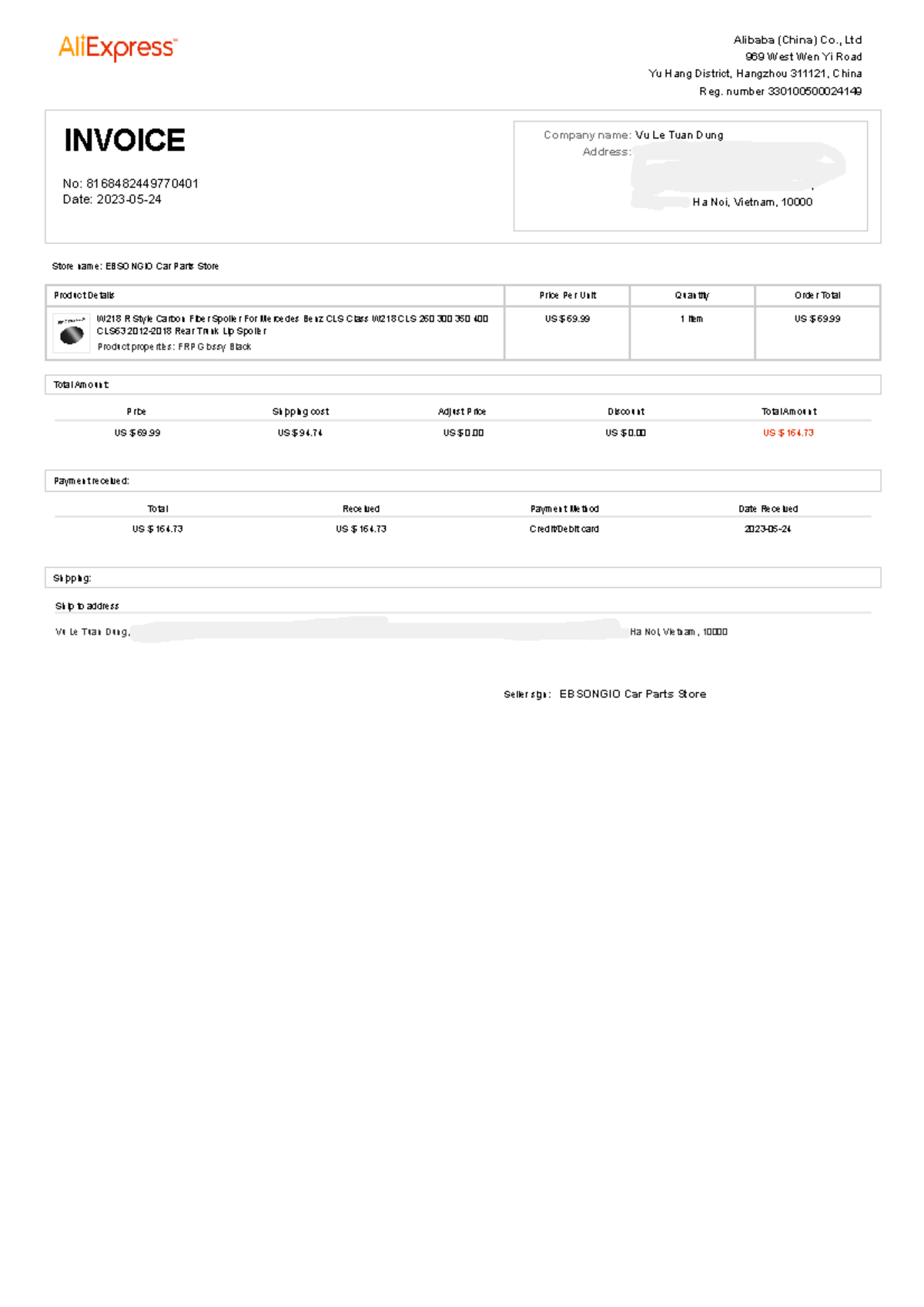 Mẫu invoice mở tờ khai - abc - Alibaba (China) Co., Ltd 969 West Wen Yi ...