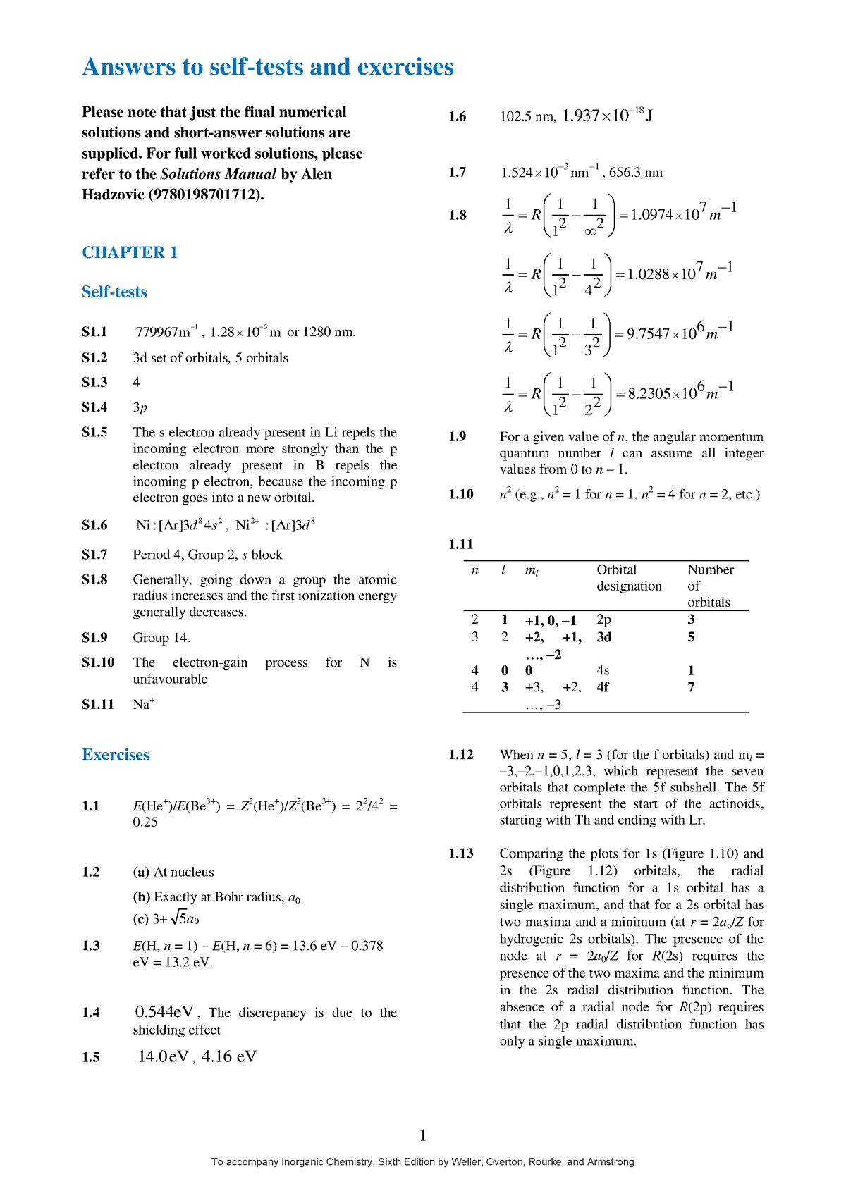 Answers For 6th Edition Inorganic Chemistry By Weller - 1 ...