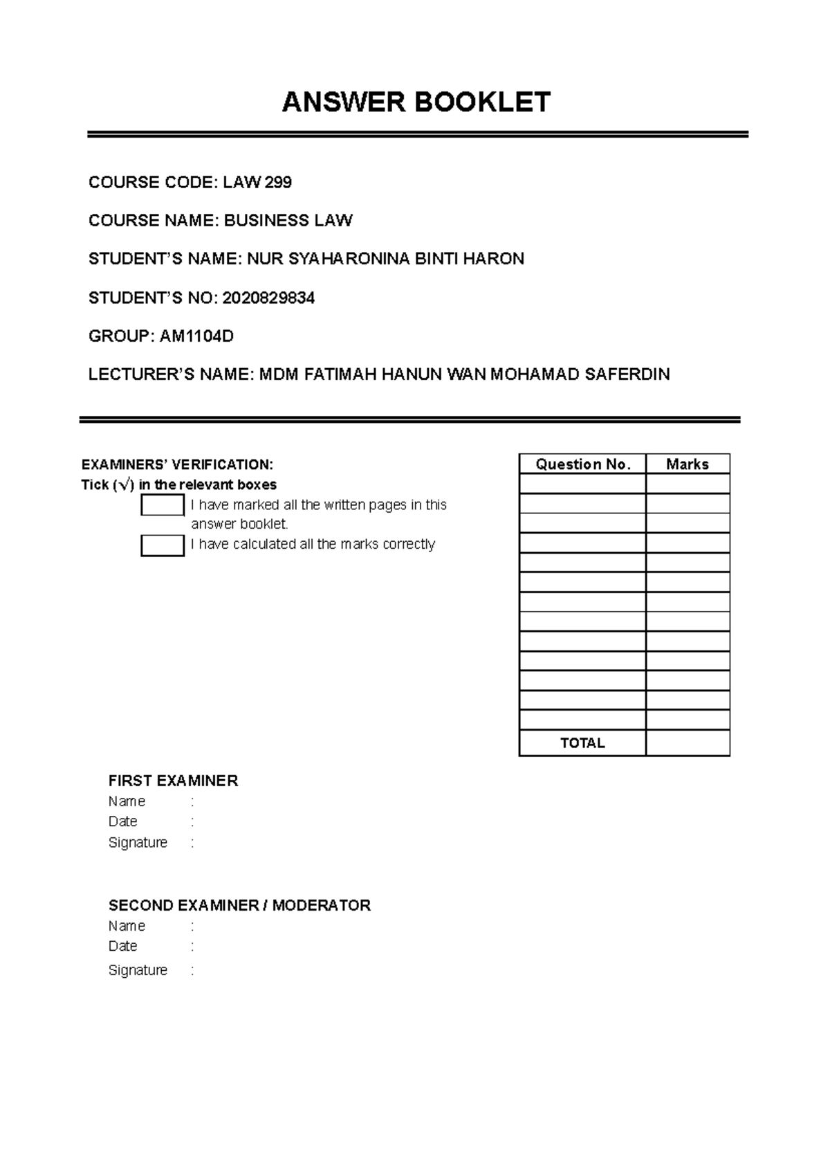 Answer Booklet-LAW299 - ANSWER BOOKLET COURSE CODE: LAW 299 COURSE NAME ...