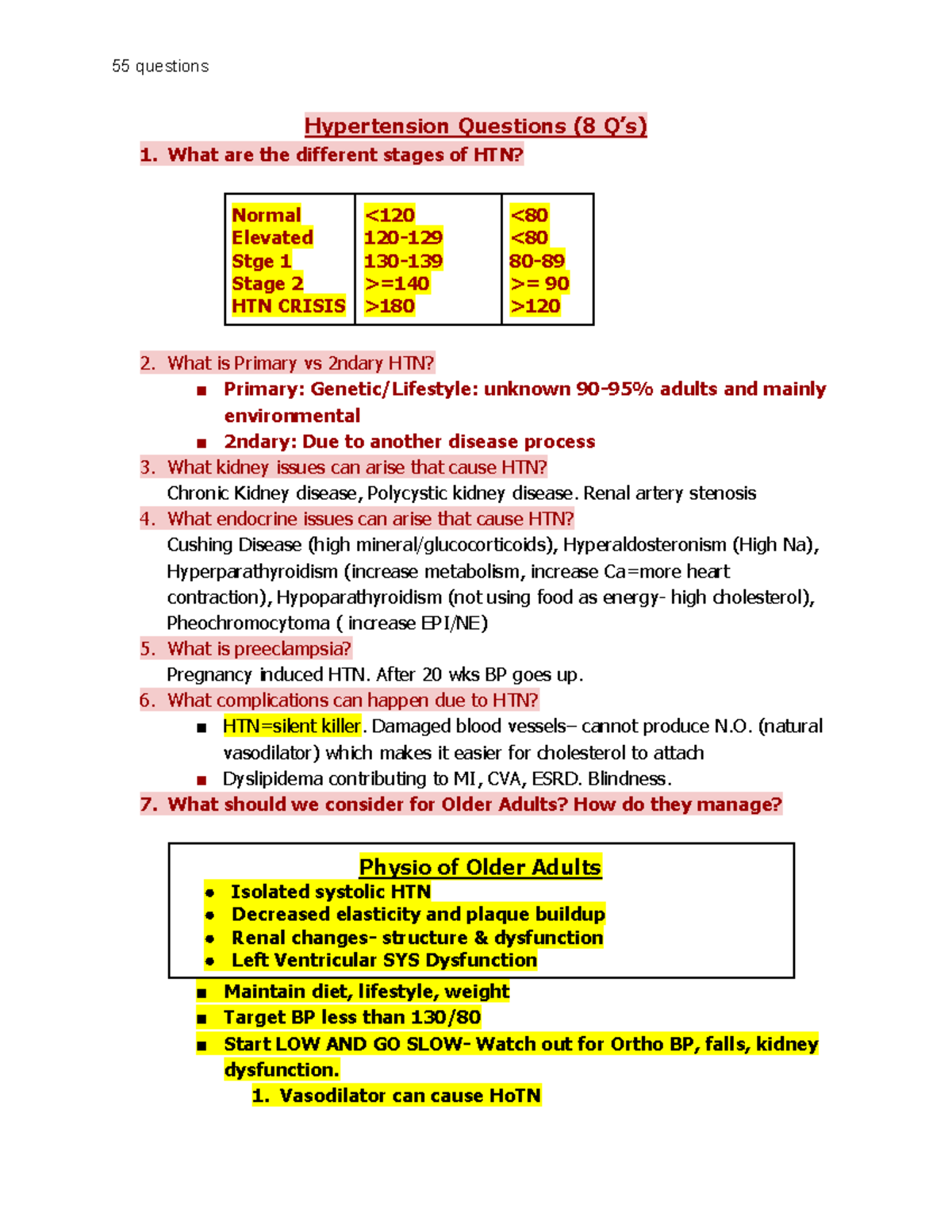 Answers for Learning Questions (Exam 3) Hypertension