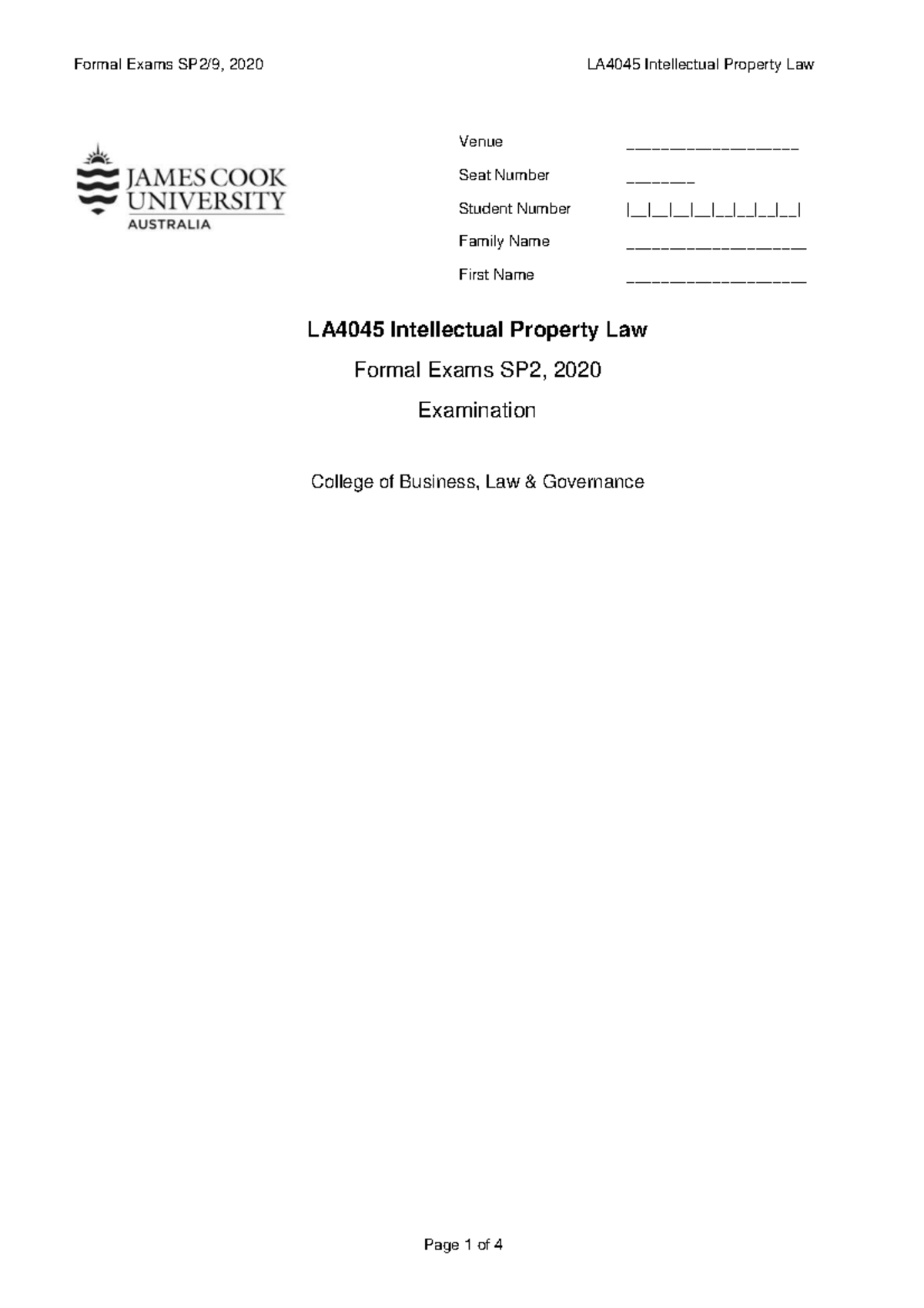 Past exam 2020 exam from 2020 LA4045 Intellectual Property Law