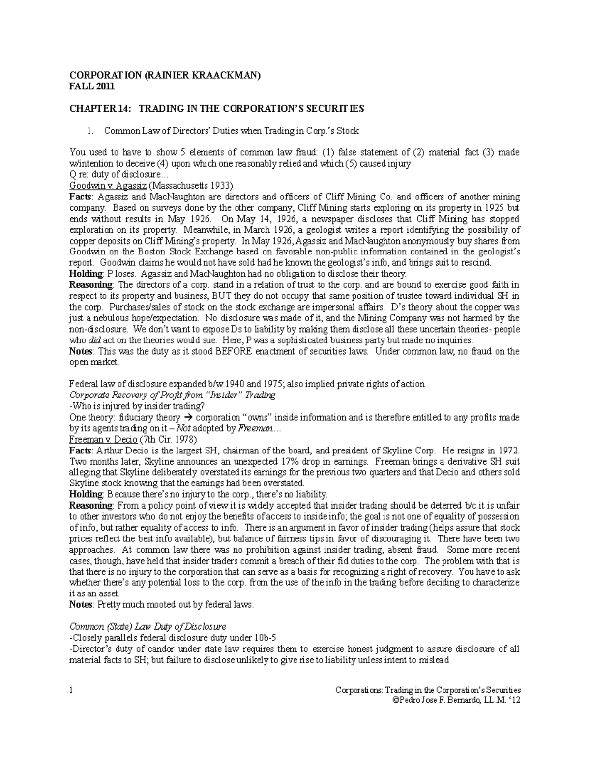 Corporation Law lecture notes with Prof. Kraakman - CORPORATION ...