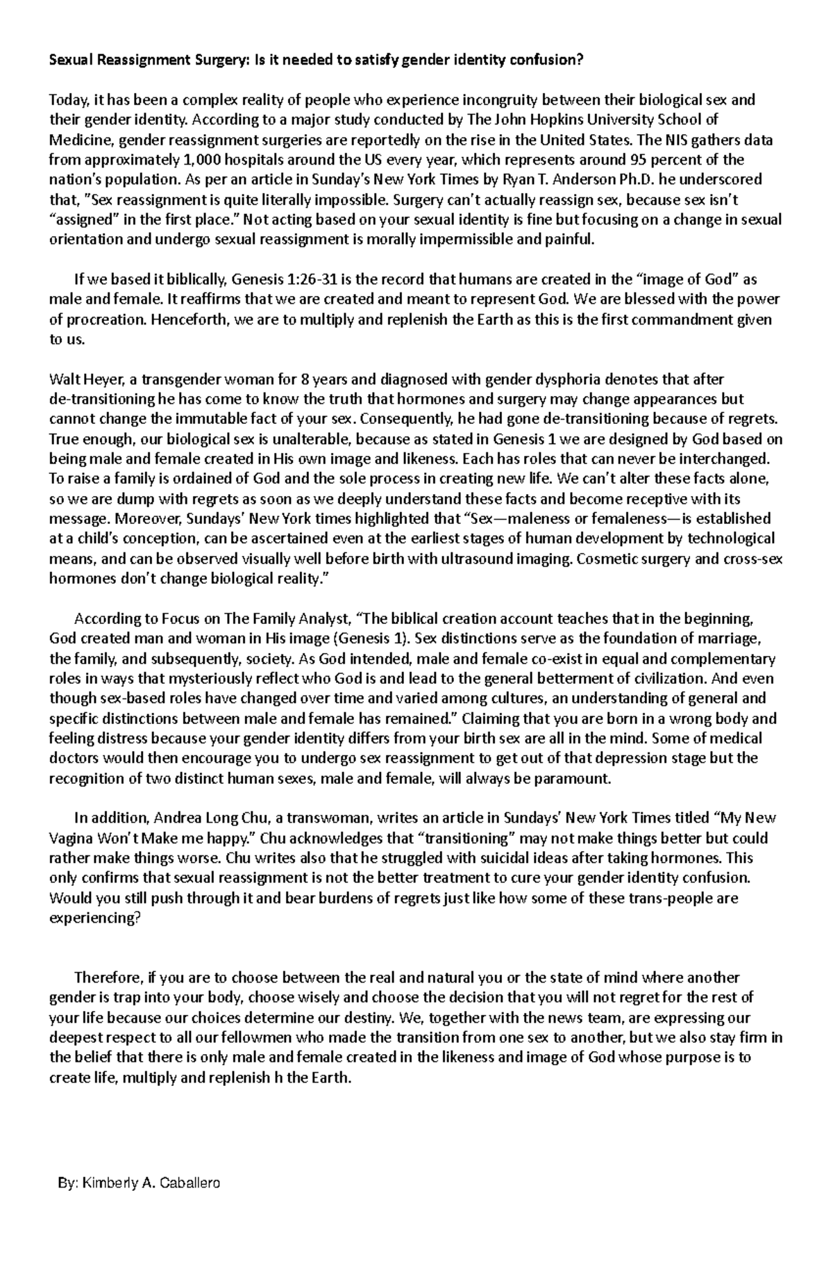 Editorial Essay about Sexual Reassignment Campus Journalism Sexual