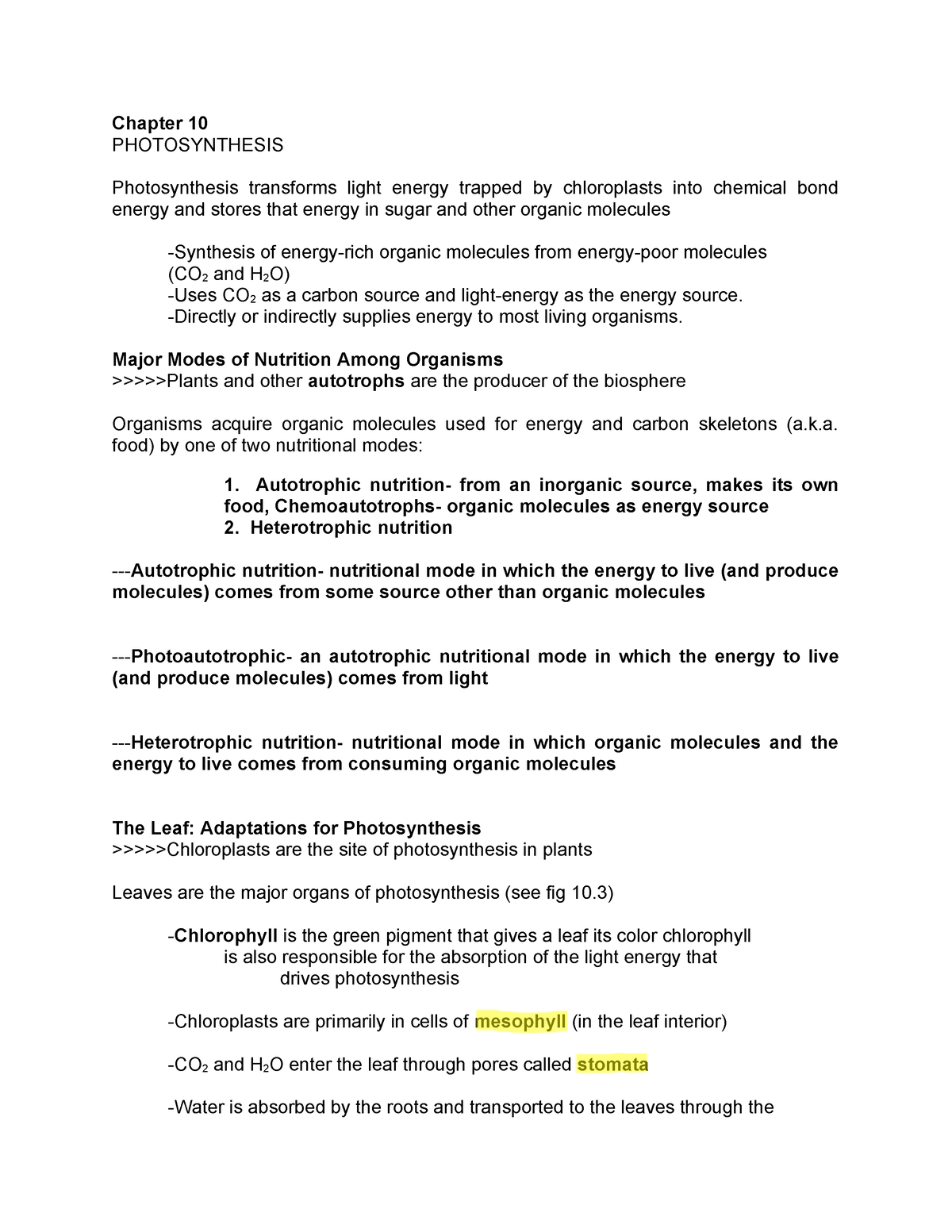 Chap 10 - Notes - Chapter 10 PHOTOSYNTHESIS Photosynthesis Transforms ...