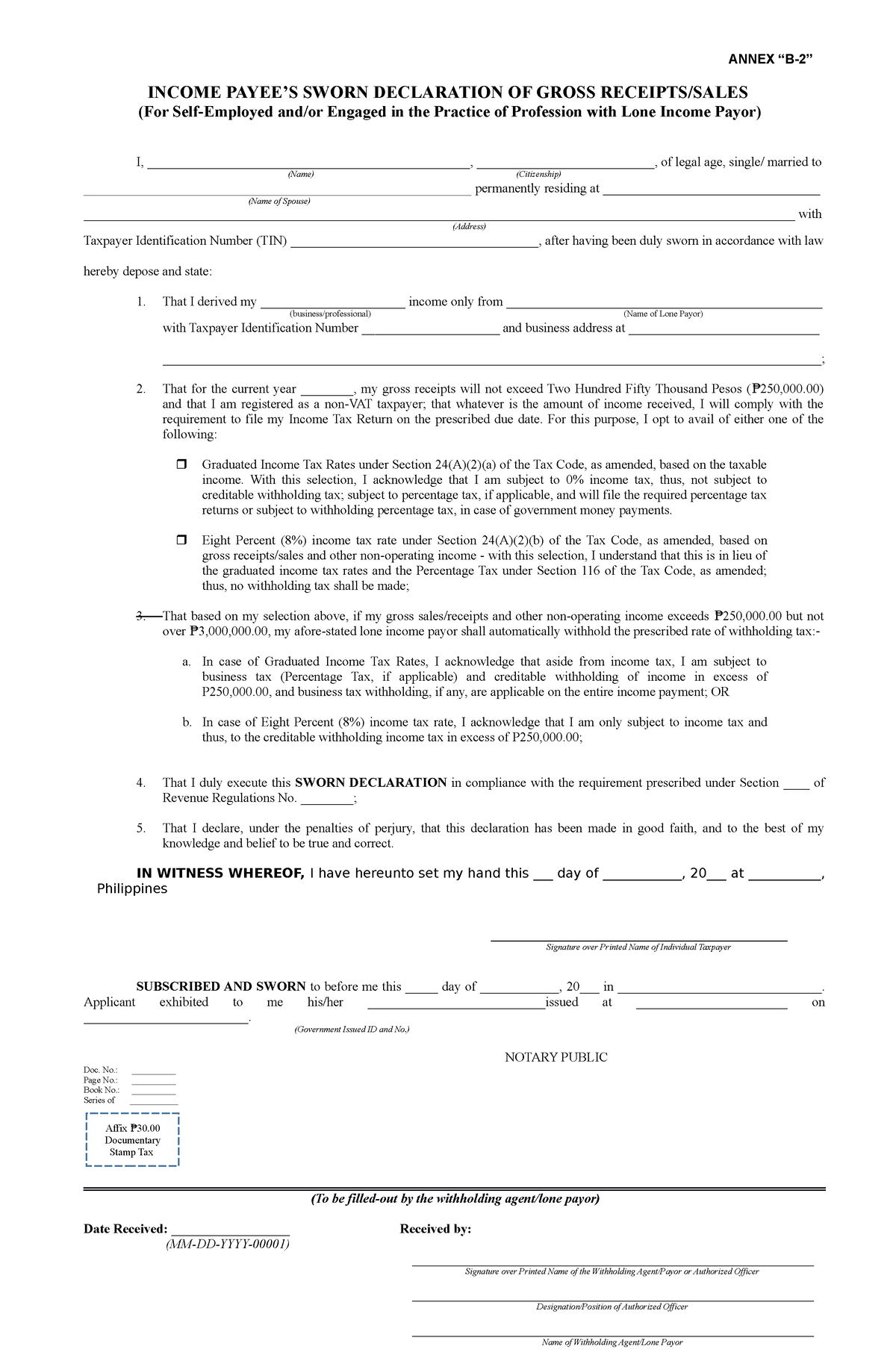 Annex B 2 RR 11 2018 - REVIEWER - ANNEX “B-2” INCOME PAYEE’S SWORN ...