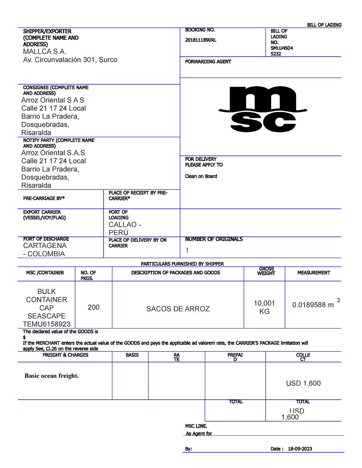 Bill Of Lading Bill Of Lading Shipperexporter Complete Name And Address Mallca S 