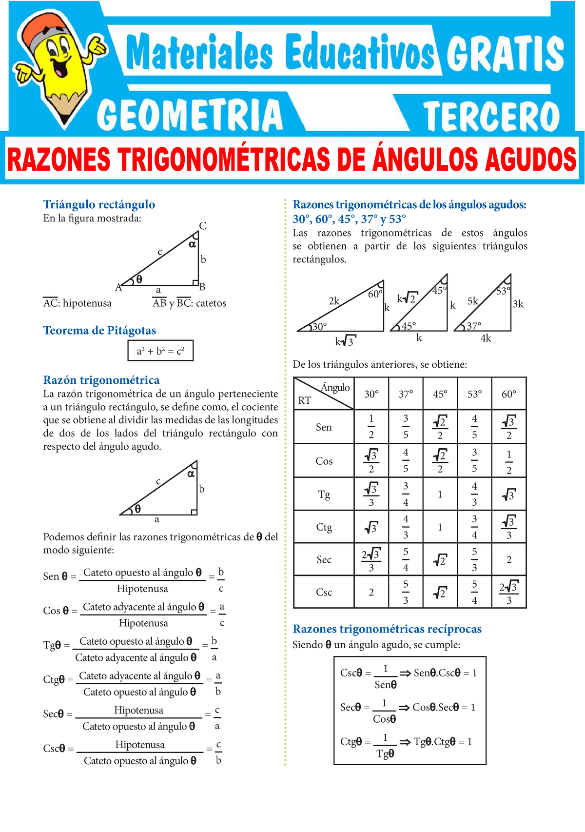 Razones Trigonométricas De Ángulos Agudos Recta Para Tercer Grado De Secundaria Triángulo 