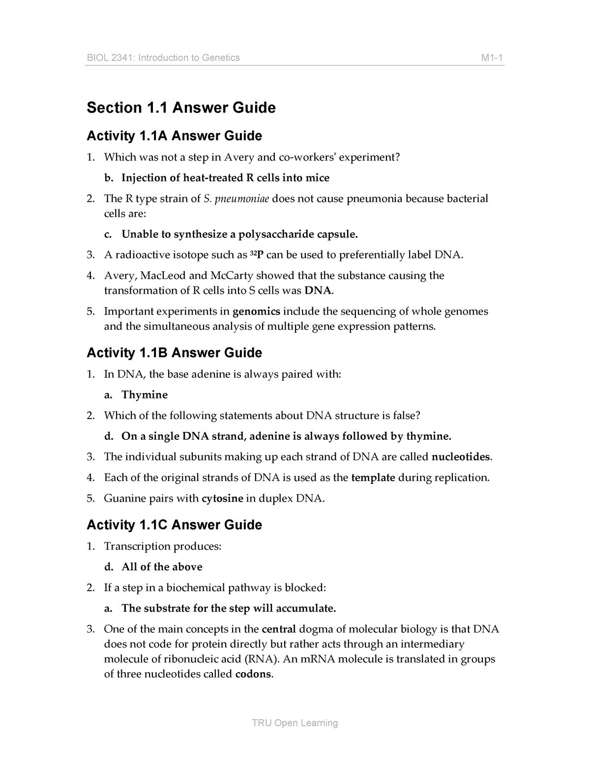 BIOL 2341 1.1 Answer Guide - BIOL 2341: Introduction To Genetics M1 ...