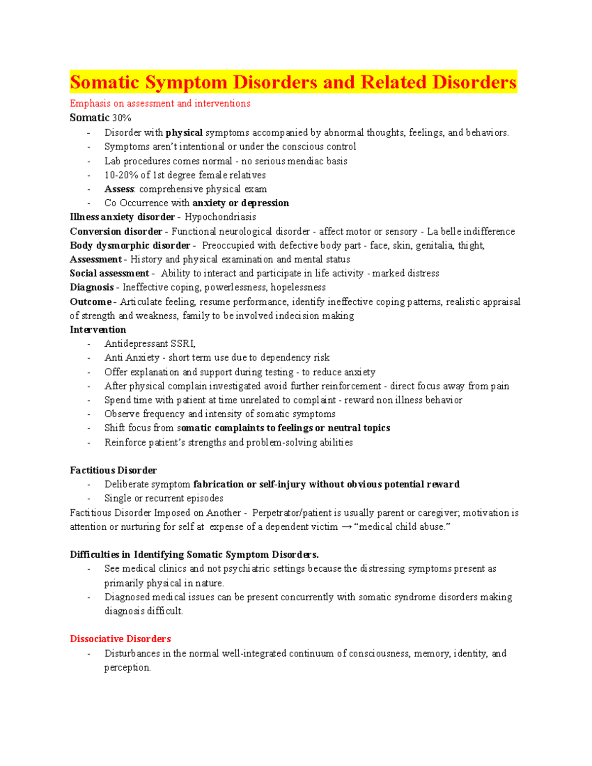 N322 Somatic Symptom Disorders - Somatic Symptom Disorders and Related ...