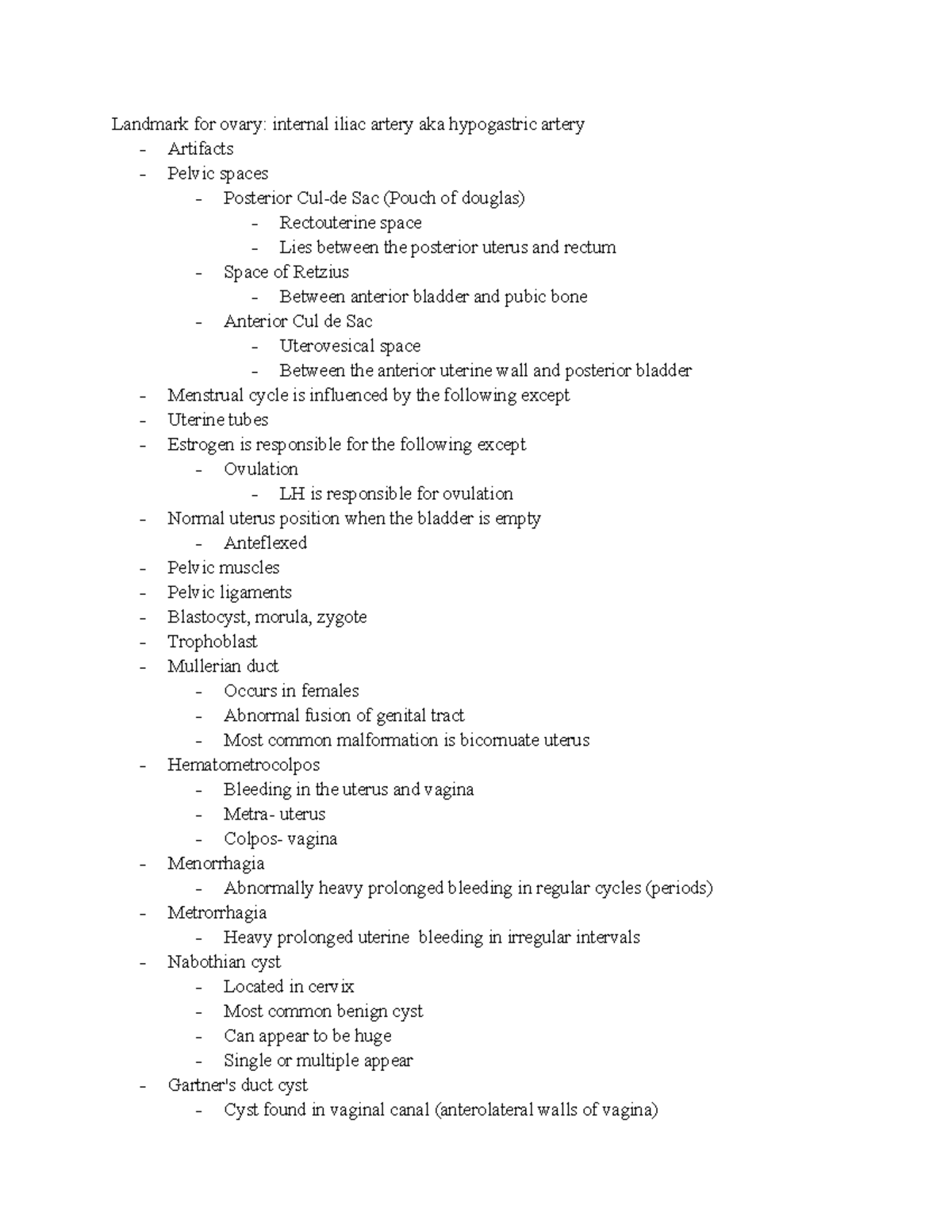 Ob Gyn major Exam 1 Review summary notes - Landmark for ovary: internal ...
