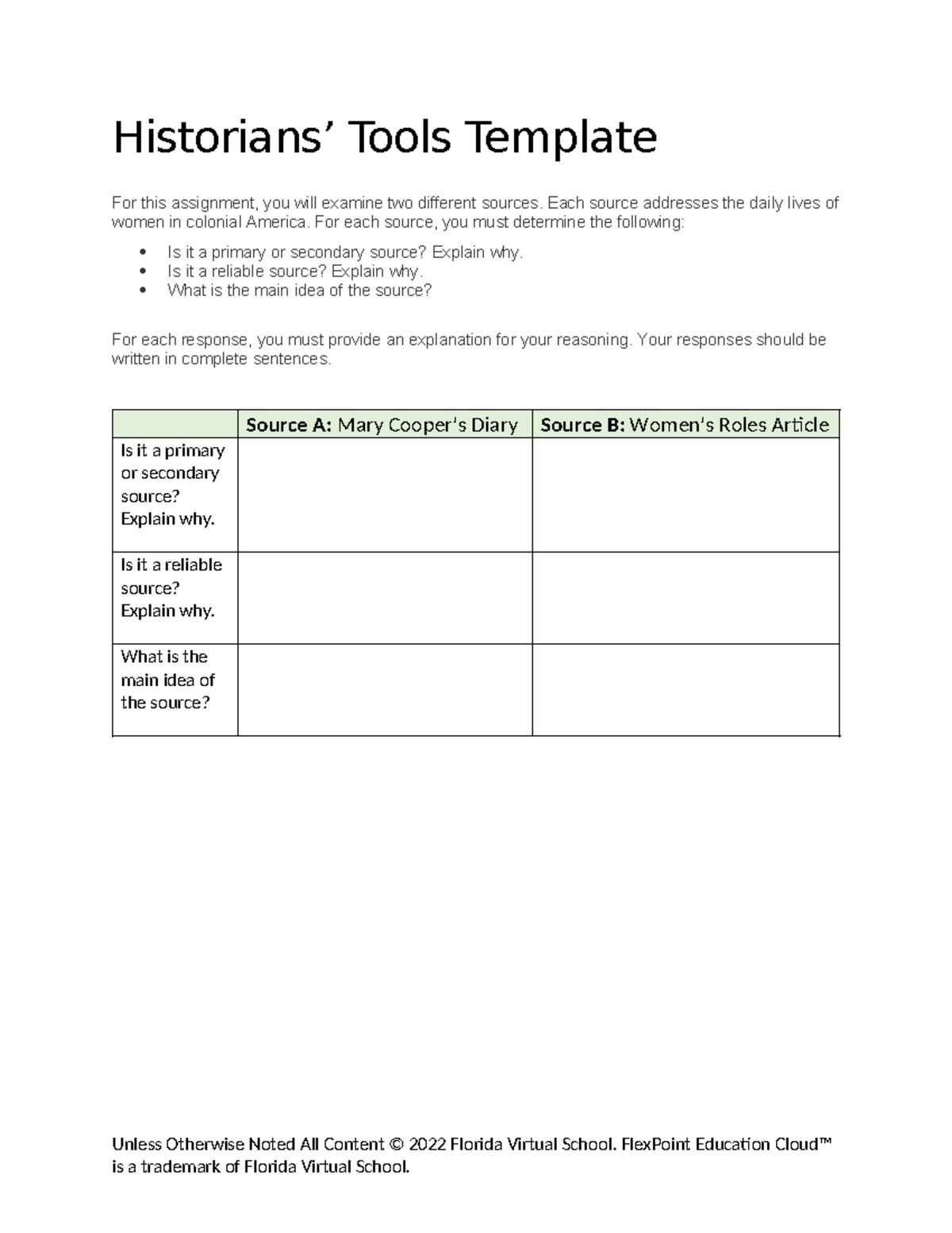 Historians tools template - Historians’ Tools Template For this ...