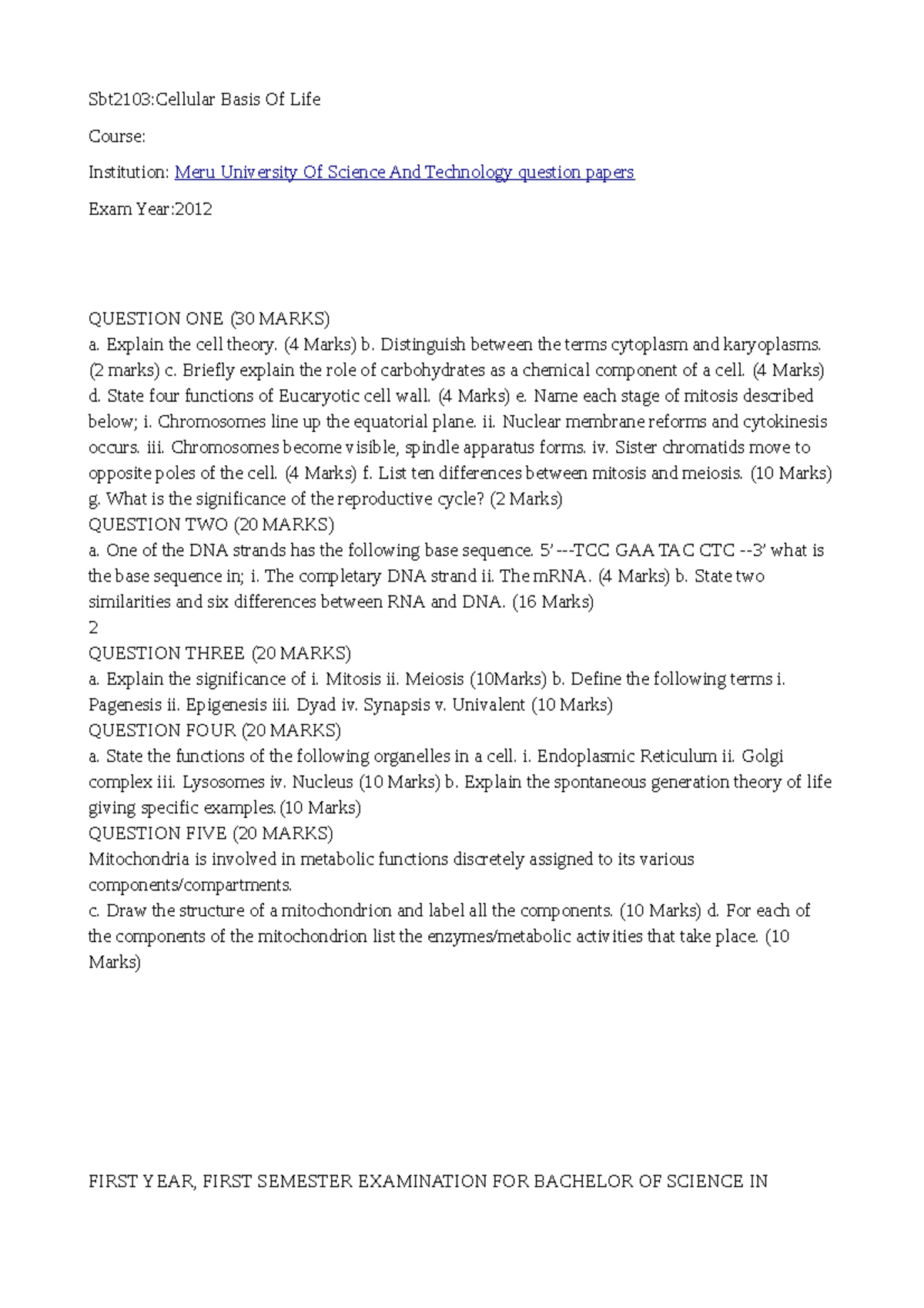 SBT 110 - Notes - Sbt2103:Cellular Basis Of Life Course: Institution ...
