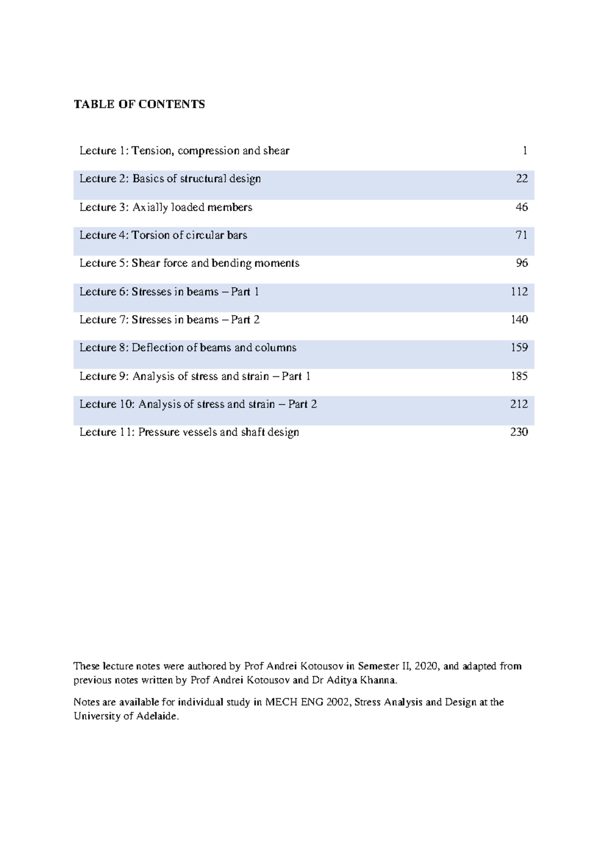 SAD Lecture Notes Combined 2024 - TABLE OF CONTENTS Lecture 1: Tension ...