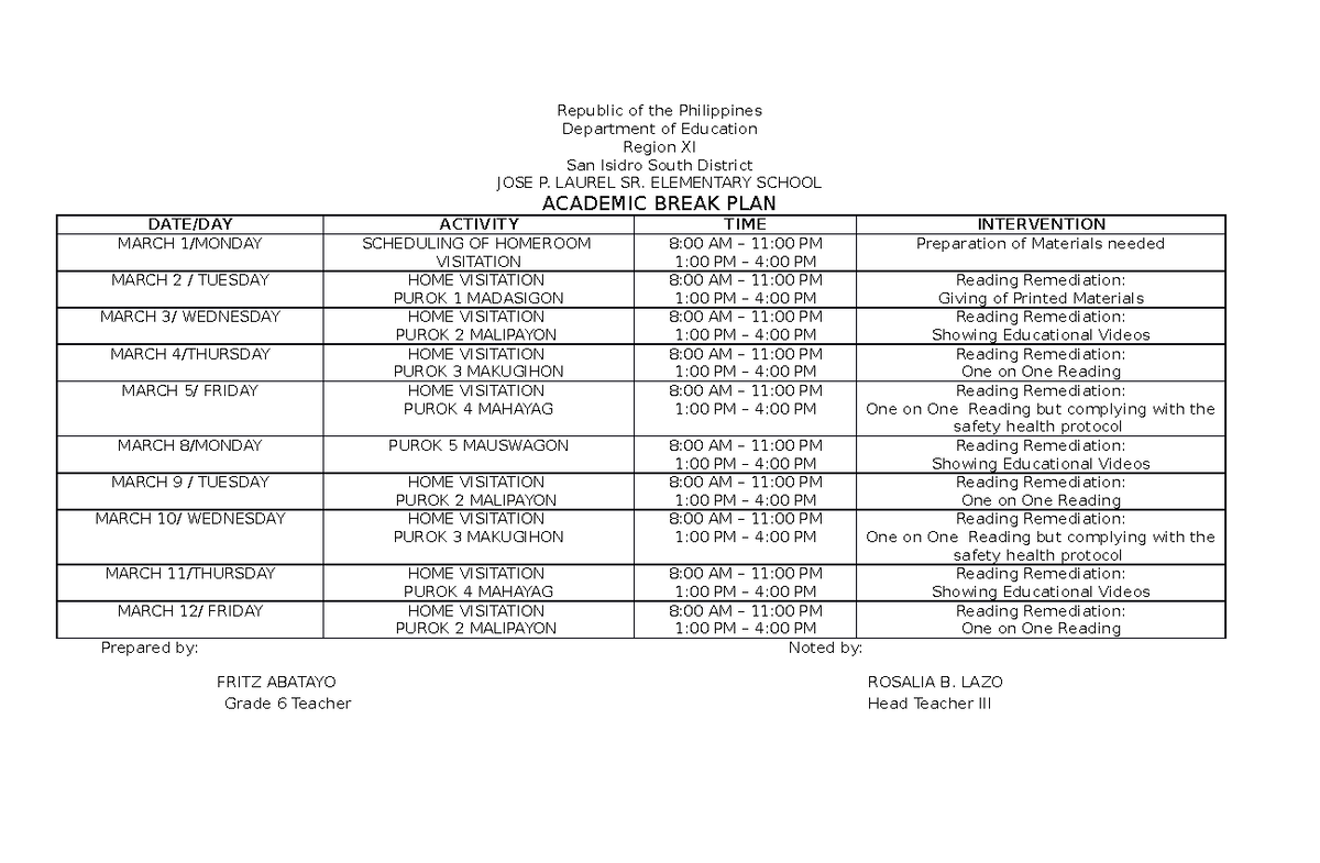 Academic Break PLAN - Republic of the Philippines Department of ...
