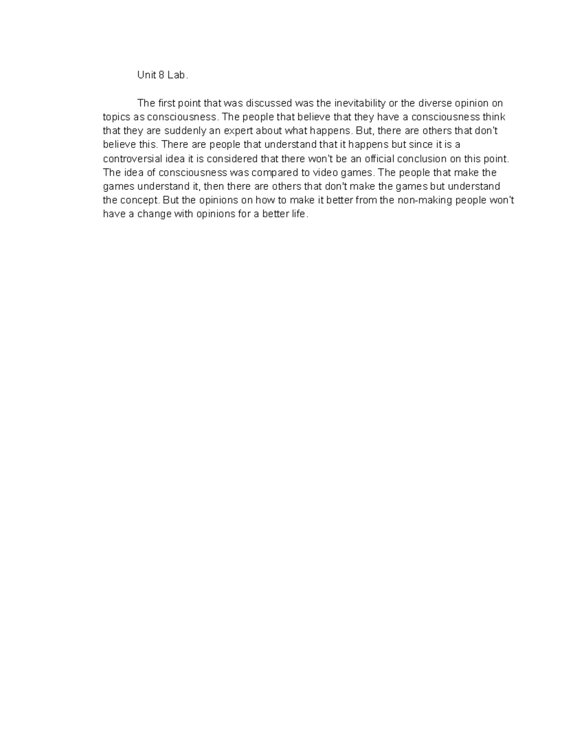 Critical Thinking Questions Unit 8 Pysch - Unit 8 Lab. The first point ...