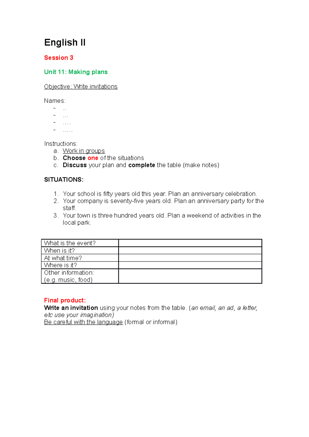 English II - session 3 - inglesh - English II Session 3 Unit 11: Making ...