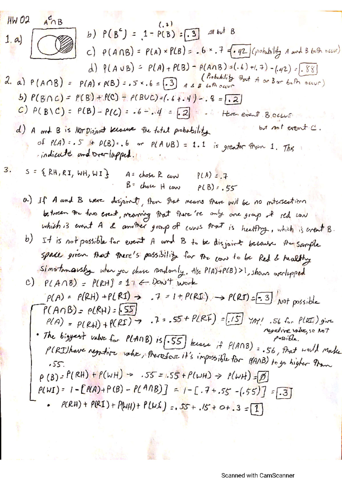 Hw2math - Homework Question + answer - HW 02 c AnB (.7) b) P(B) .3 All ...