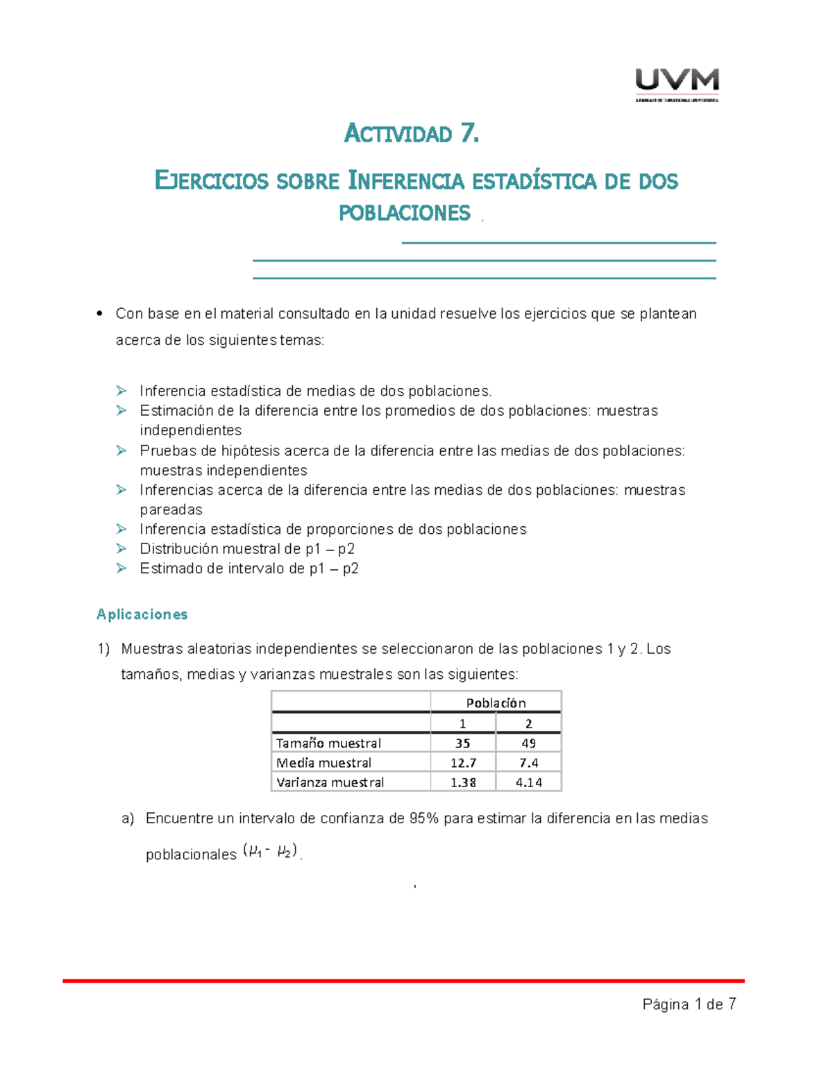 A7 Ejercicios Actividad 7 Ejercicios Sobre Inferencia EstadÍstica De Dos Poblaciones Con Base 1474