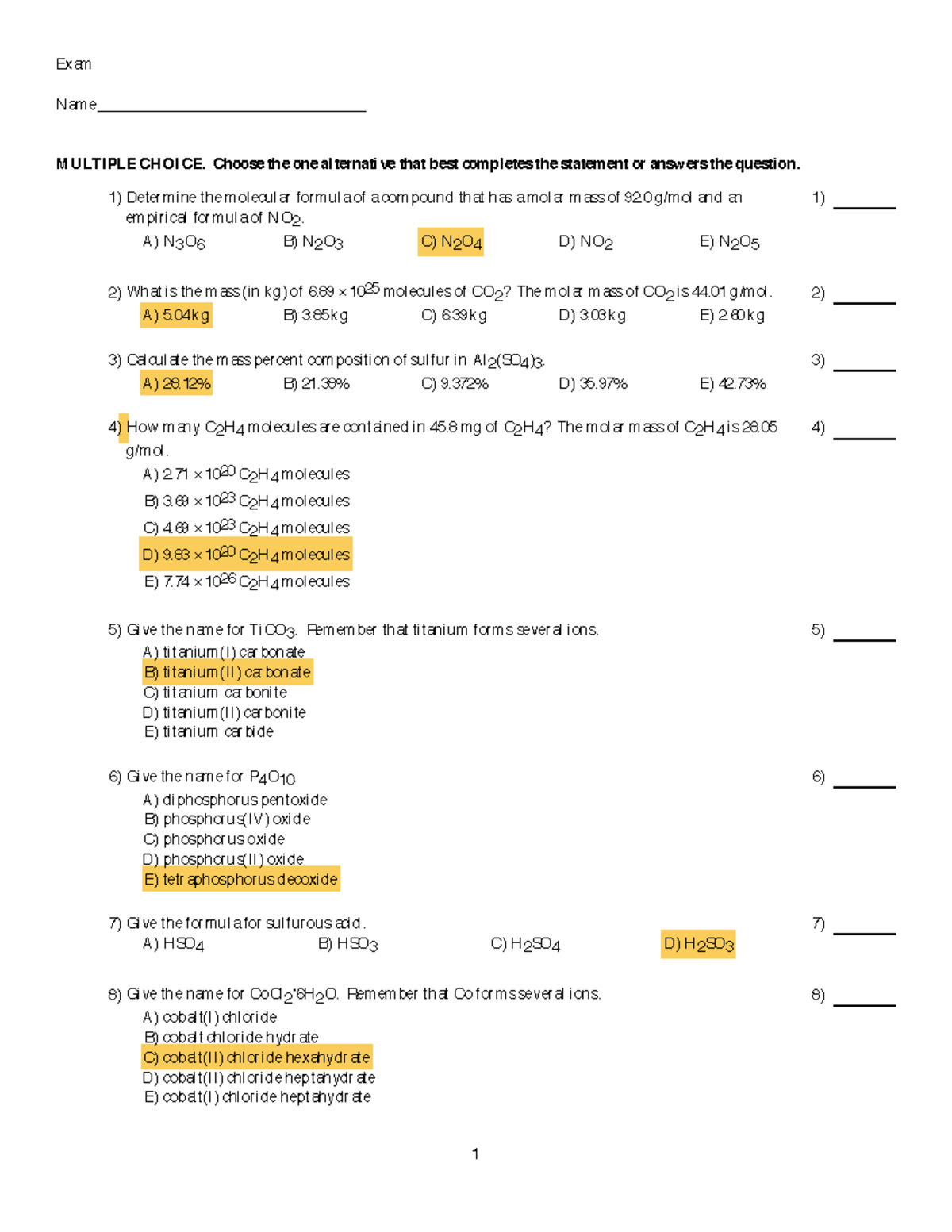 Ch3 chemistry homework chapters 3 Exam N