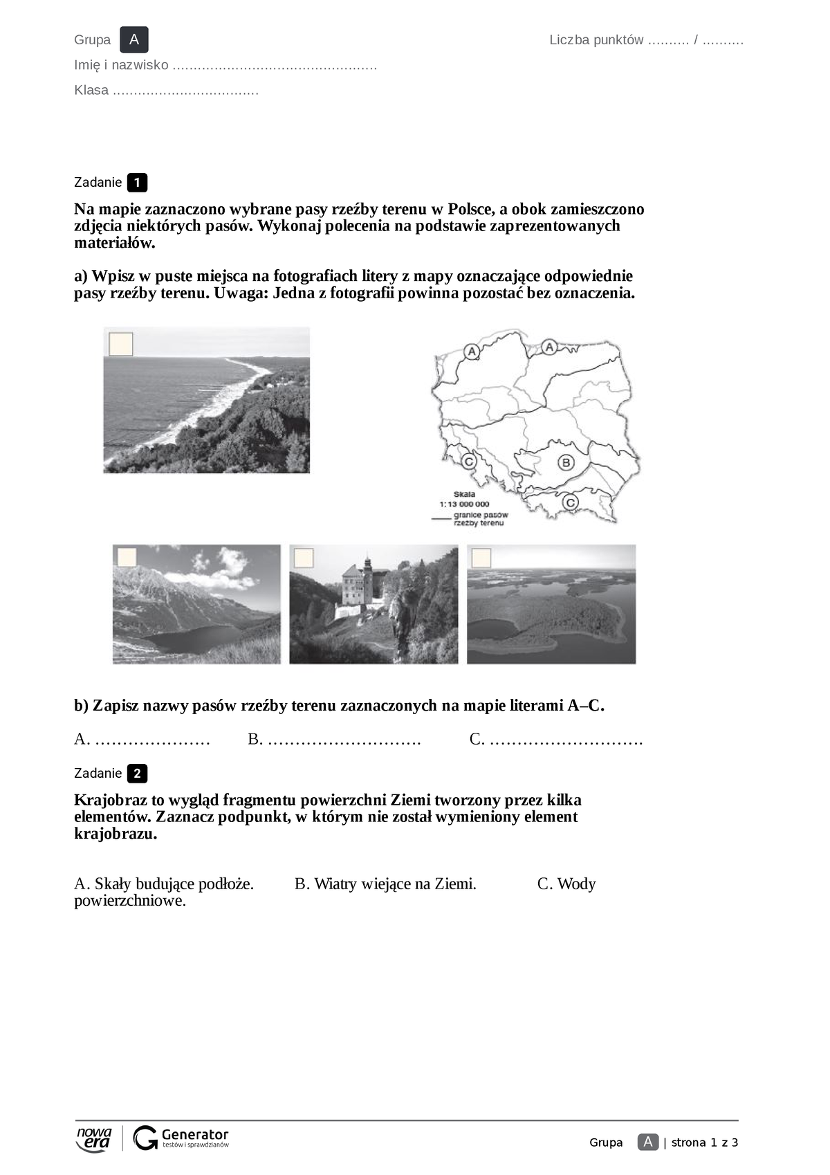 Sprawdzian Z Geografi Klasa 5 Krajobrazy Polski część 1-Test z ukryta punktacja - Grupa A | strona 1