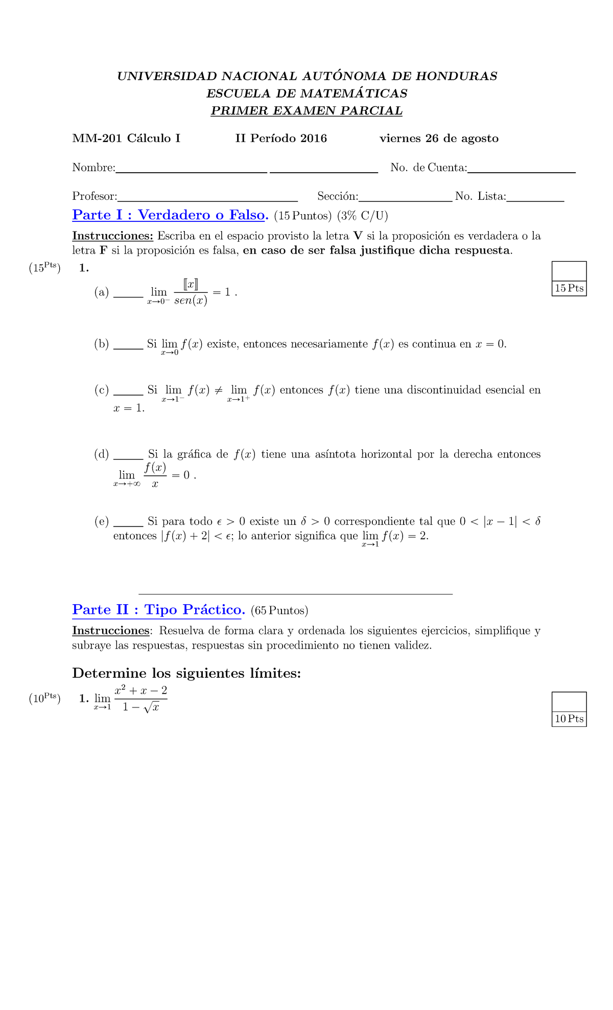 Examen I Parcial Mm 201 Ii P2016 Universidad Nacional Aut ́onoma De Honduras Escuela De 0870