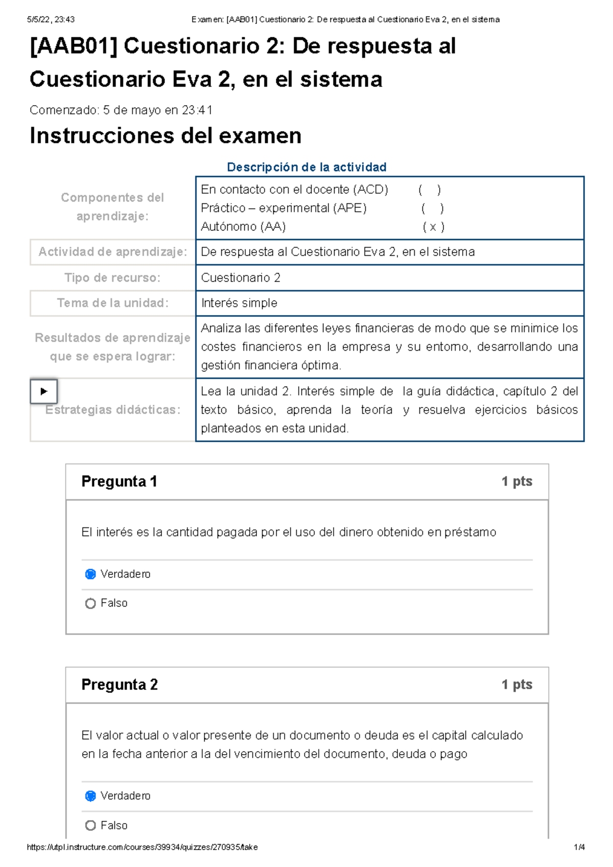 Examen [AAB01] Cuestionario 2 De Respuesta Al Cuestionario Eva 2, En El ...