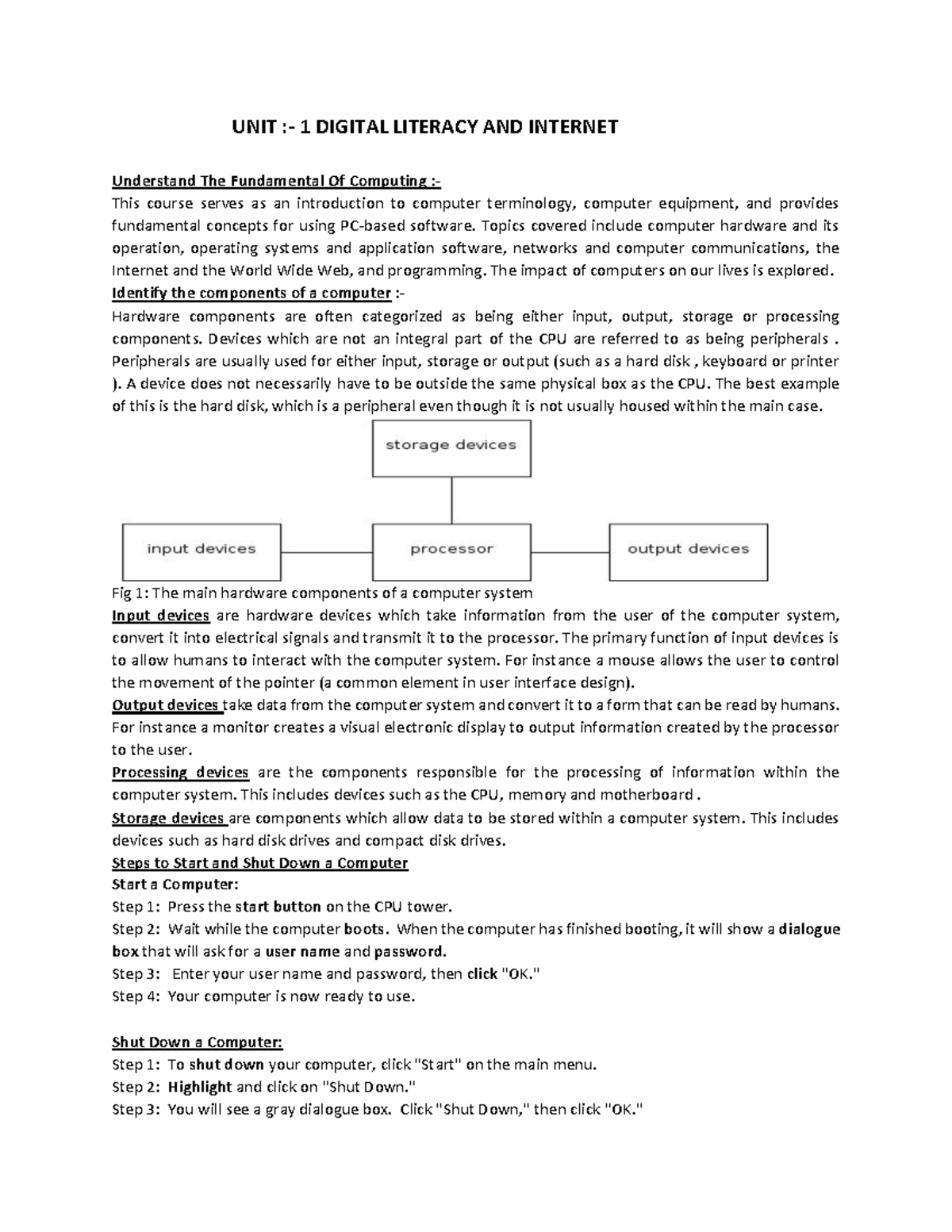 Information Technology Notes For Students UNIT 1 DIGITAL LITERACY