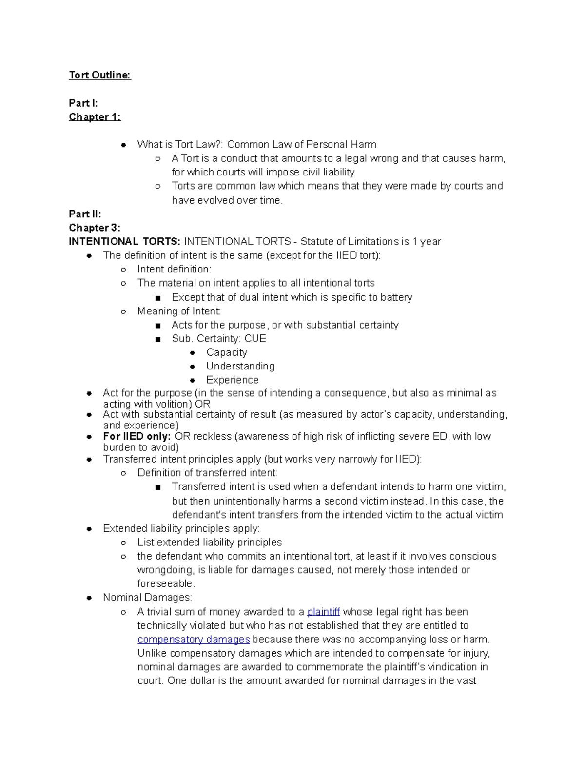 2L Torts Outline - Tort Outline: Part I: Chapter 1: What is Tort Law ...