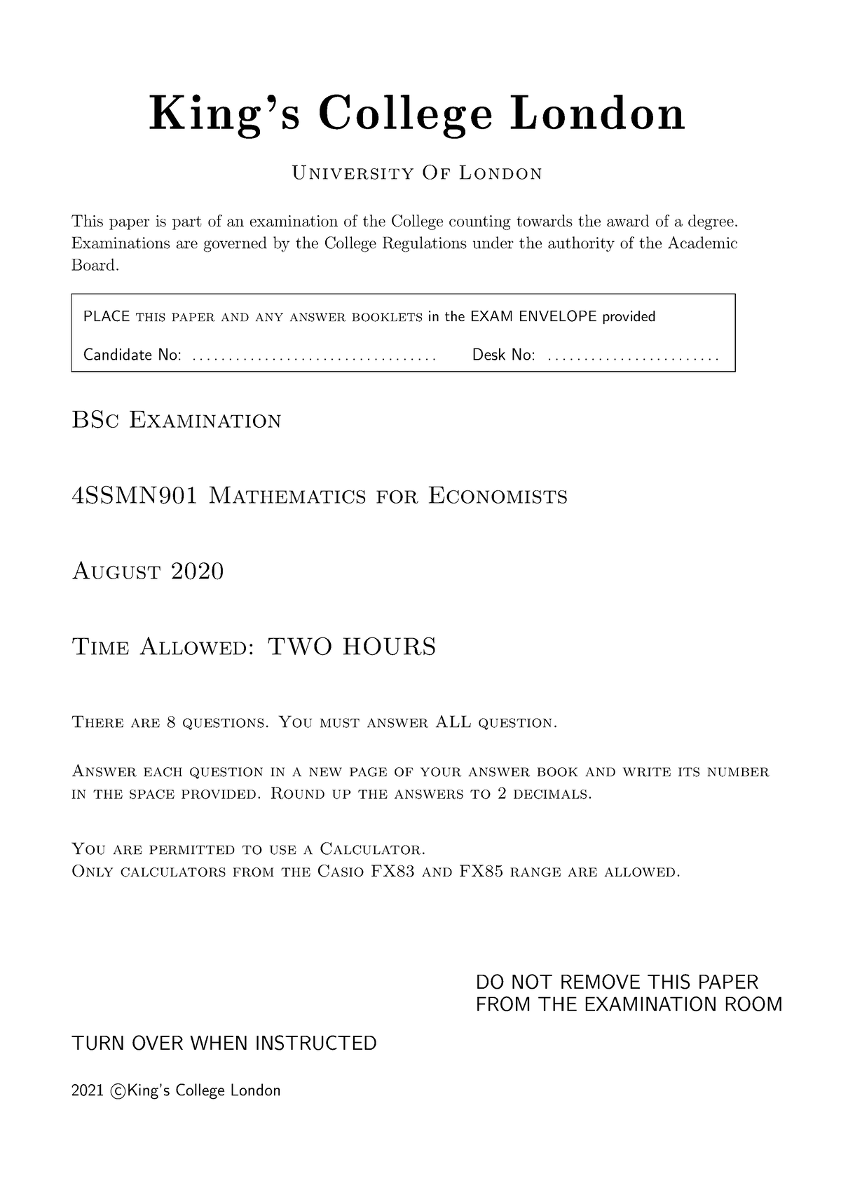 4SSMN901 Sample Paper Solutions - King’s College London University Of ...