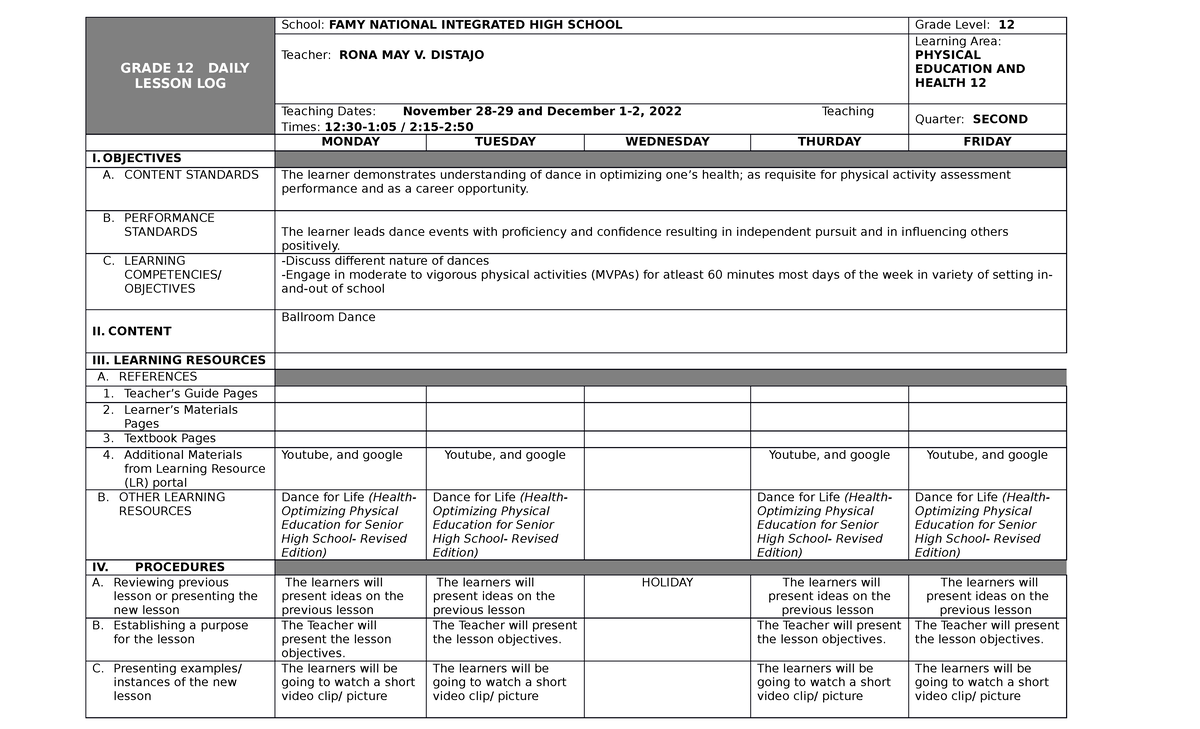 PEH12 1 Stsem Q2 WEEK4 - Physical education notes - GRADE 12 DAILY ...