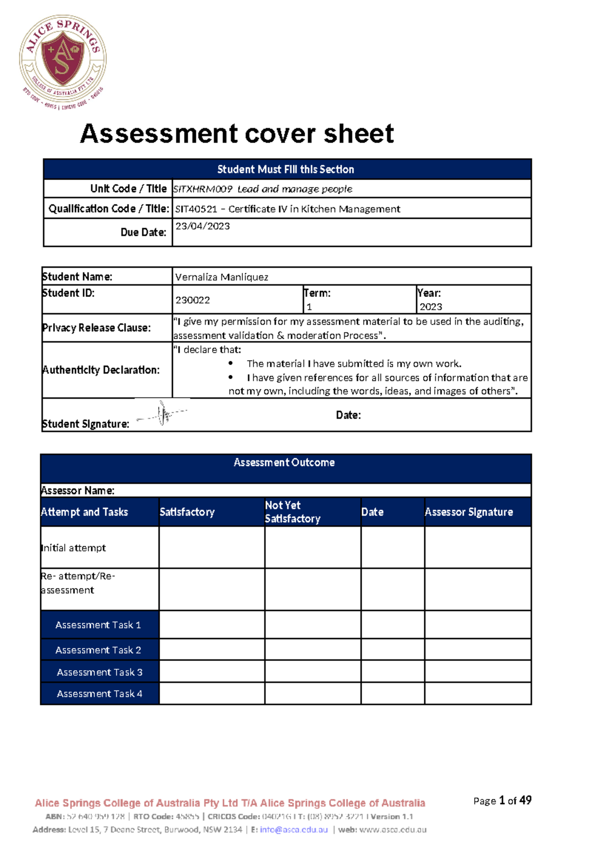 Sitxhrm 009 Student Assessment Tasks VAM - Assessment cover sheet ...