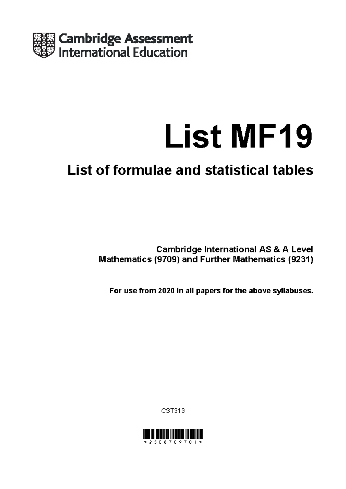 Formula Booklet - List MF List of formulae and statistical tables ...