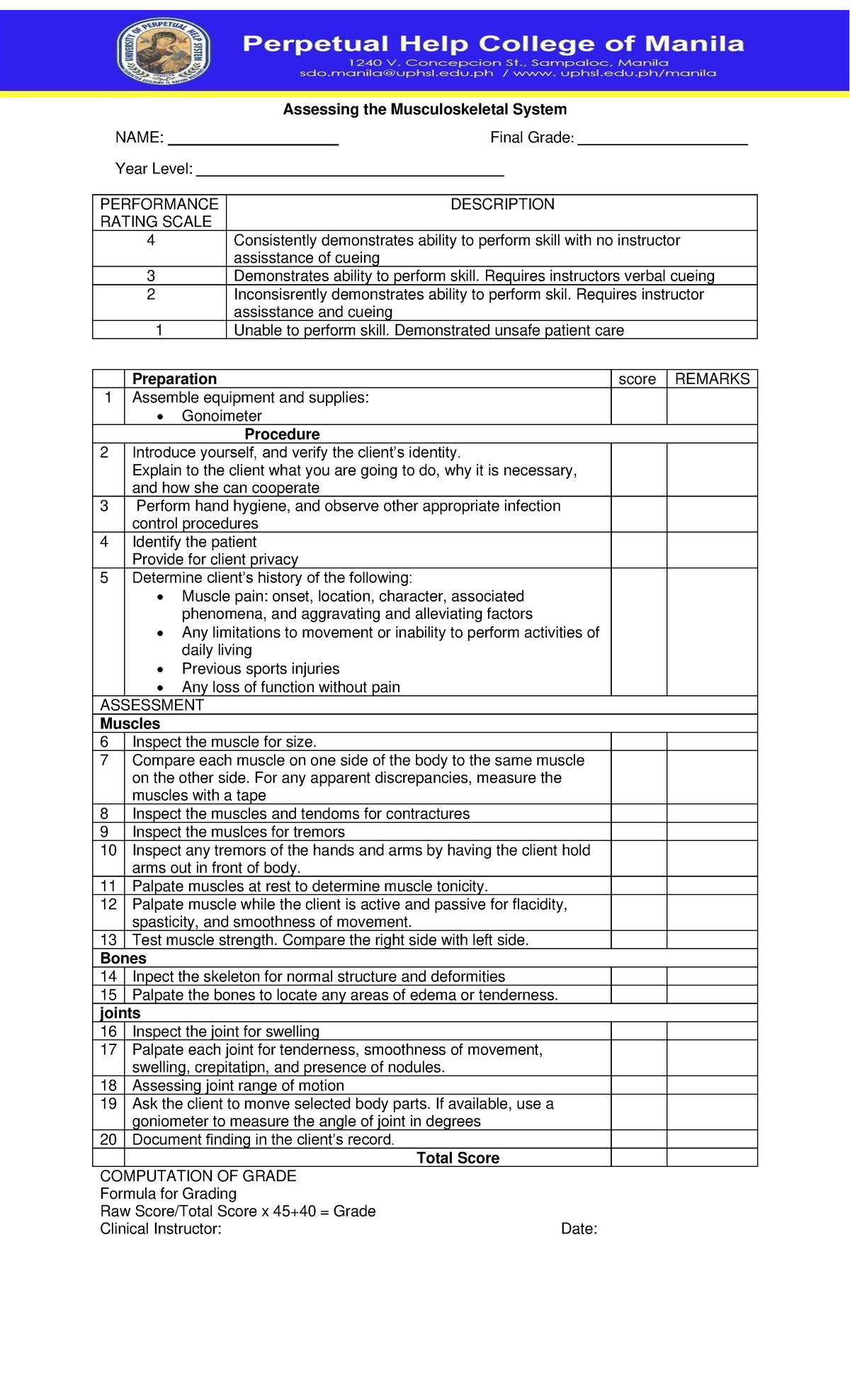 Last final retdem HA - Assessing the Musculoskeletal System NAME: Final ...