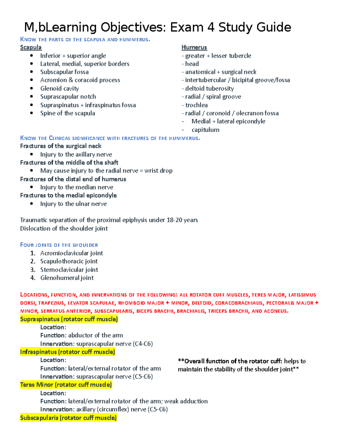 Anatomy B4 SG - Dr. Tina Dow - M,bLearning Objectives: Exam 4 Study ...