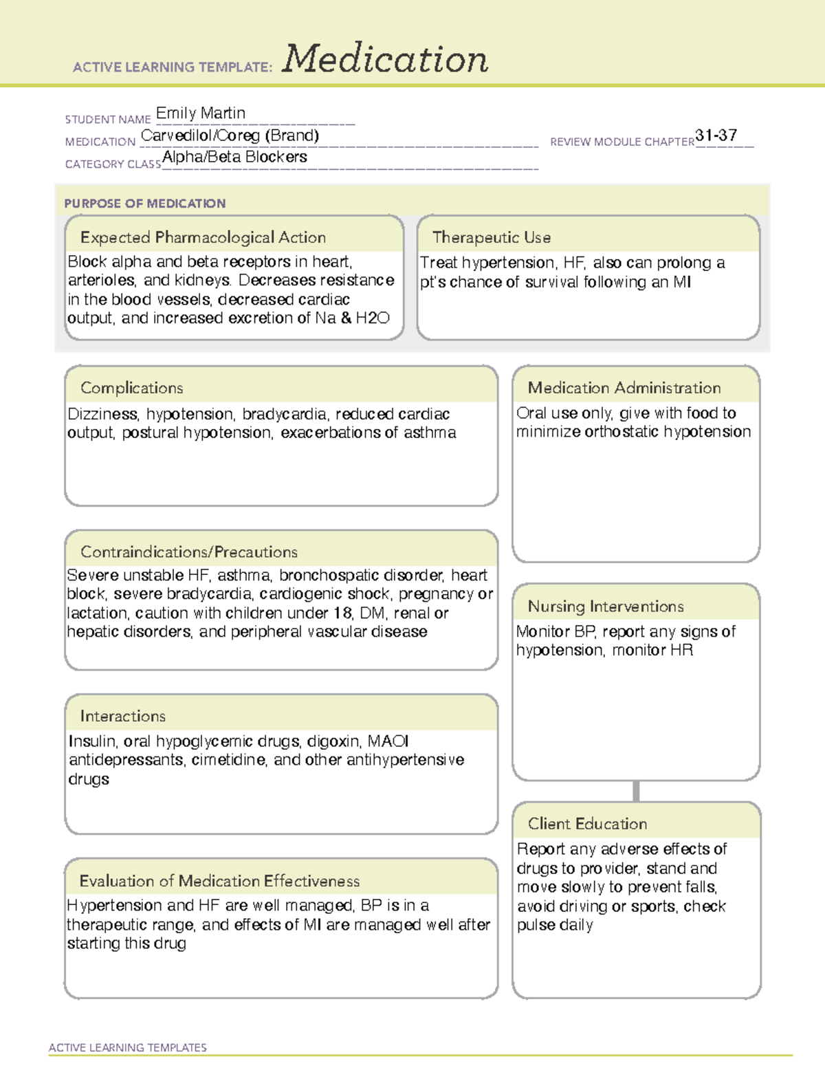 Carvedilol - ACTIVE LEARNING TEMPLATES Medication STUDENT NAME