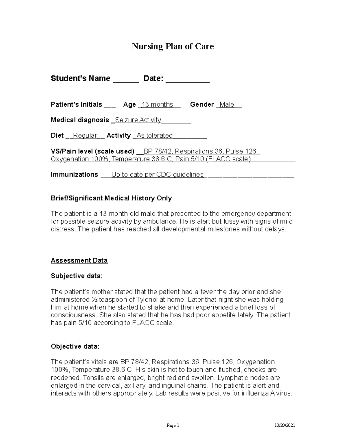 Pediatric Care Plan -Seizures - Nursing Plan of Care Student’s Name ...