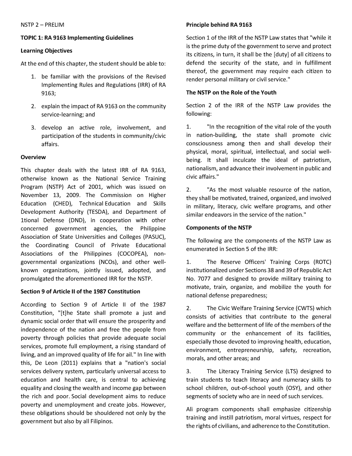 Prelim Notes - NSTP 2 – PRELIM TOPIC 1: RA 9163 Implementing Guidelines ...